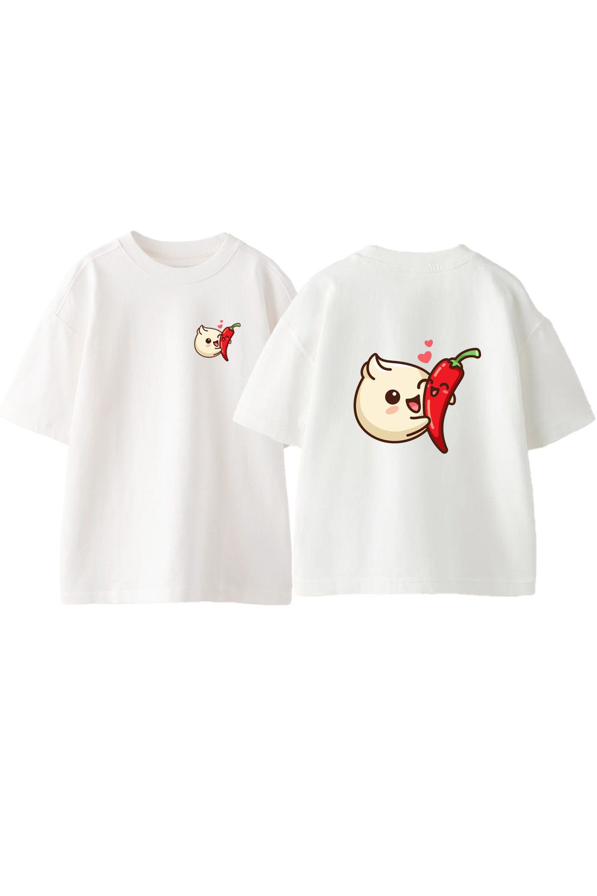 Anetos Sogan Biber Ön Arka Baskılı Pamuk Beyaz Oversize T shirt