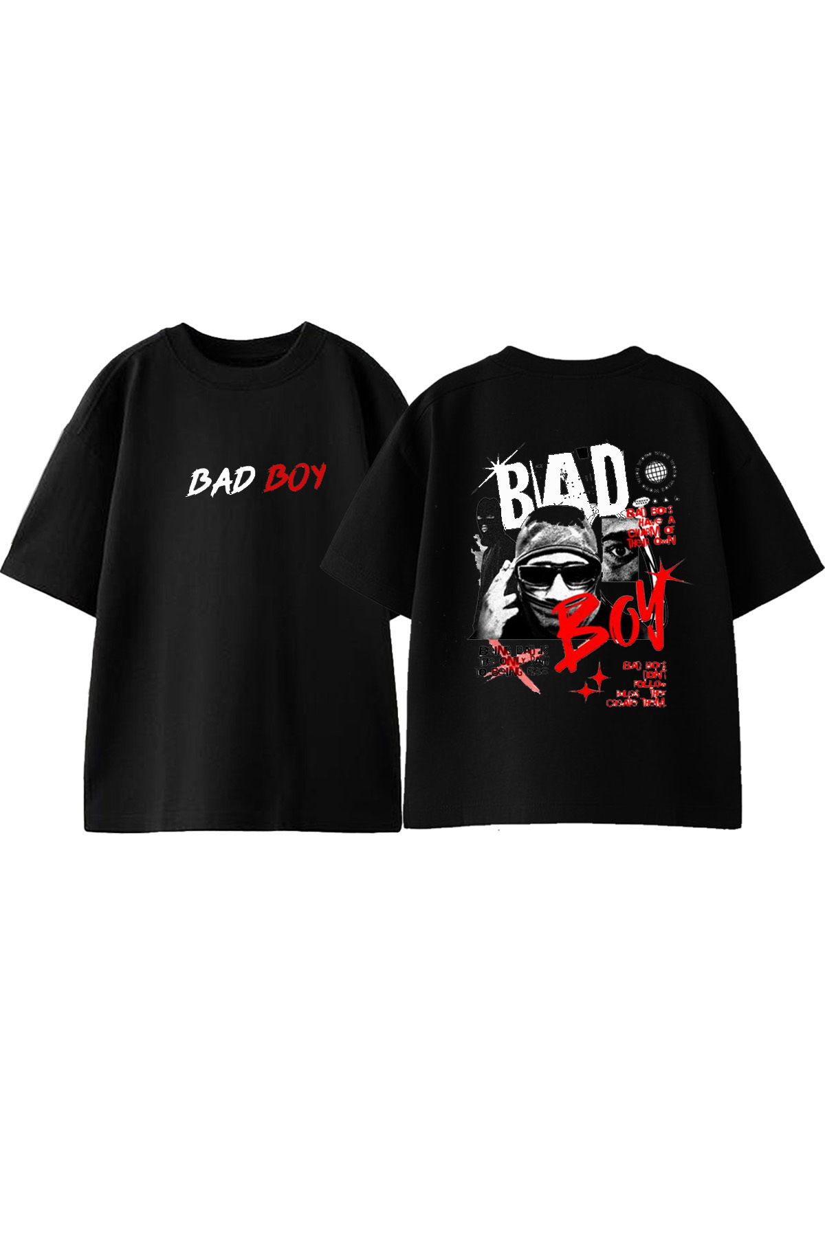Anetos Bad Boy Ön Arka Baskılı Pamuk Siyah Oversize T shirt