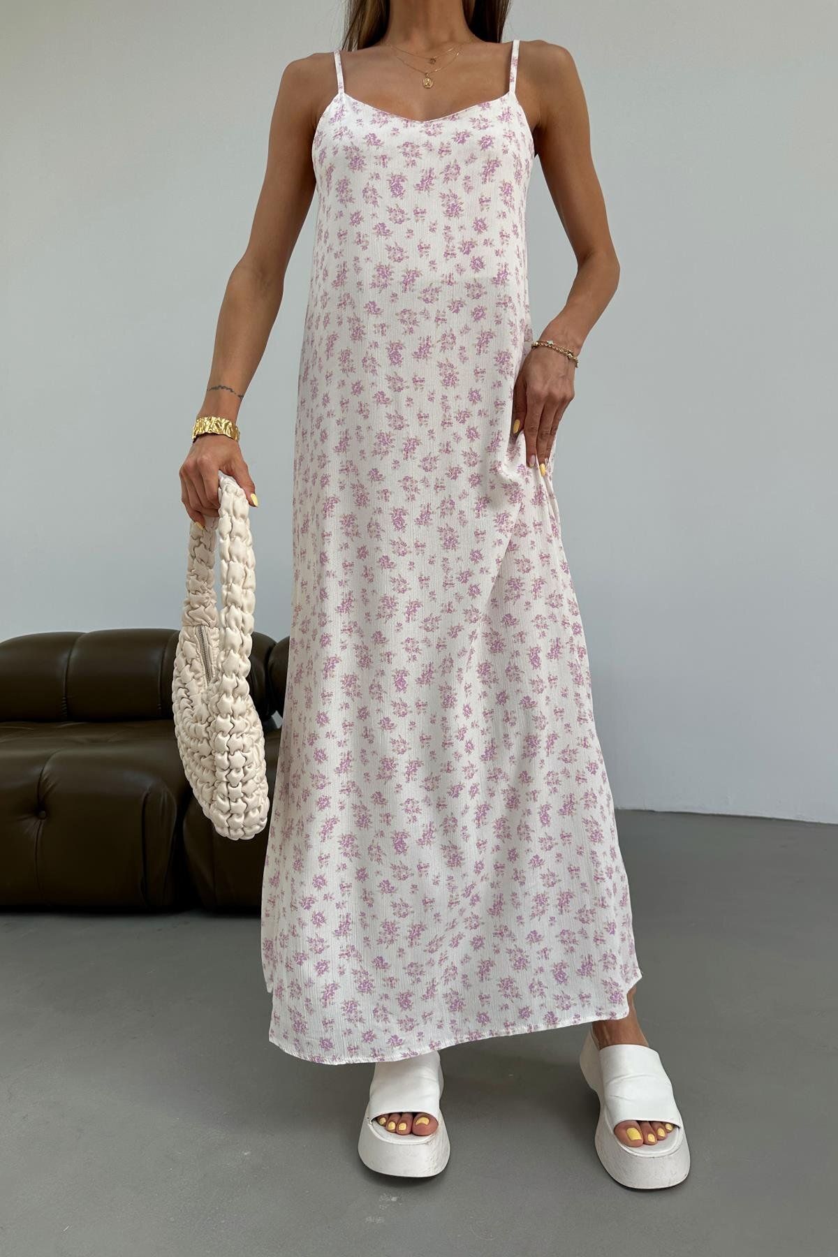 mylove İp Askılı Flower Midi Elbise Krem