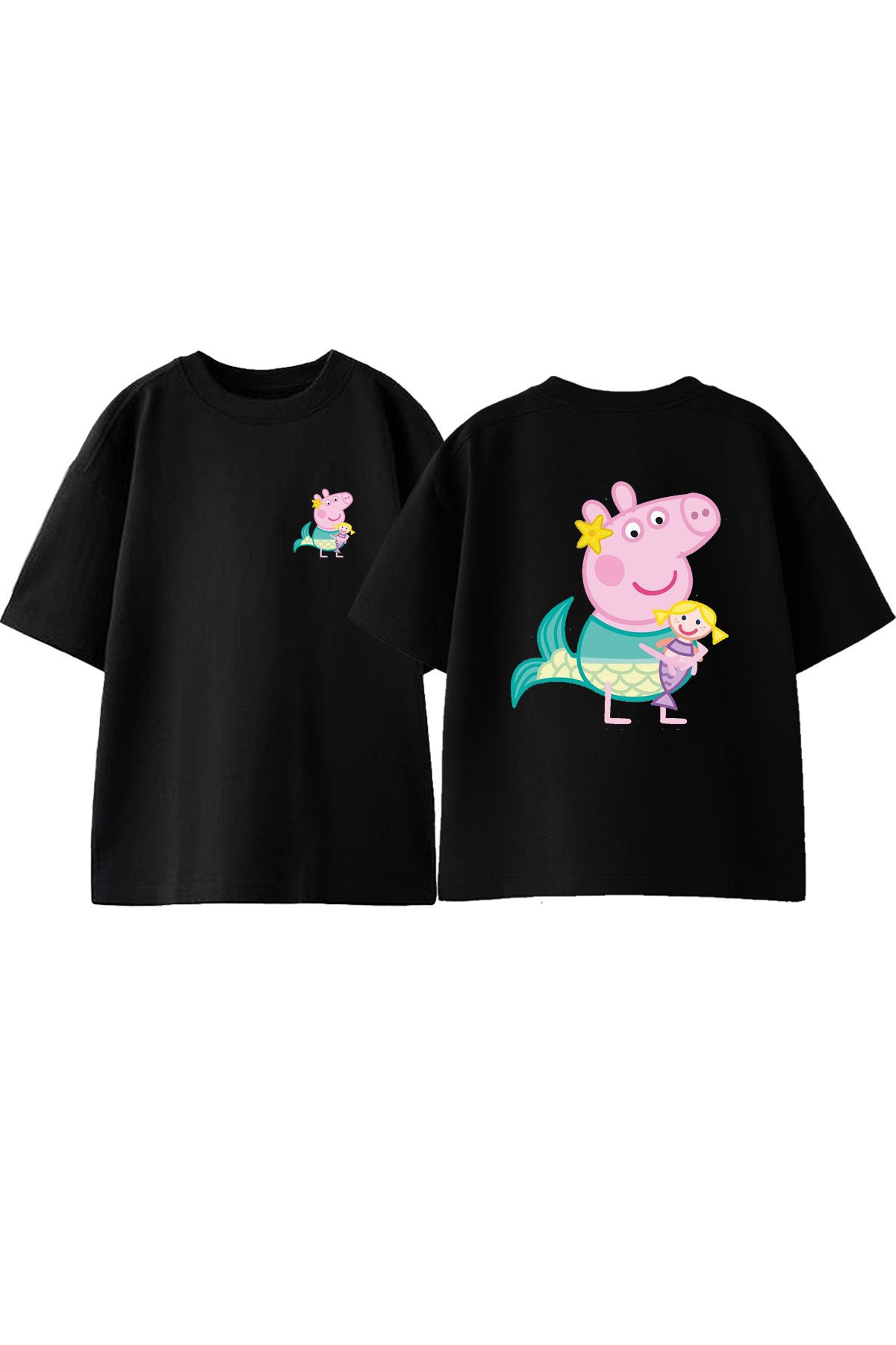 Anetos Pembe Su Domuzu Ön Arka Baskılı Pamuk Siyah Oversize T shirt