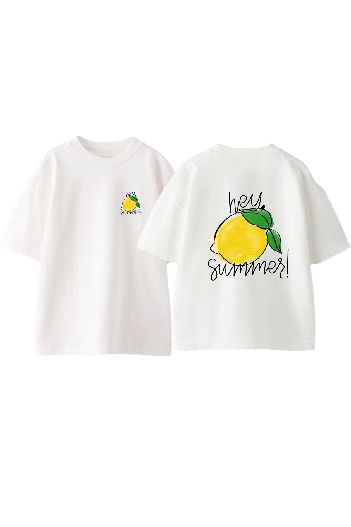 Anetos Hey Lemon Ön Arka Baskılı Pamuk Beyaz Oversize T shirt