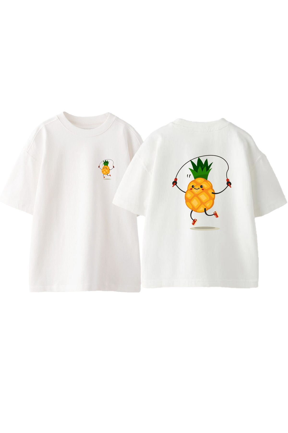 Anetos İp Atlayan Ananas Ön Arka Baskılı Pamuk Beyaz Oversize T shirt