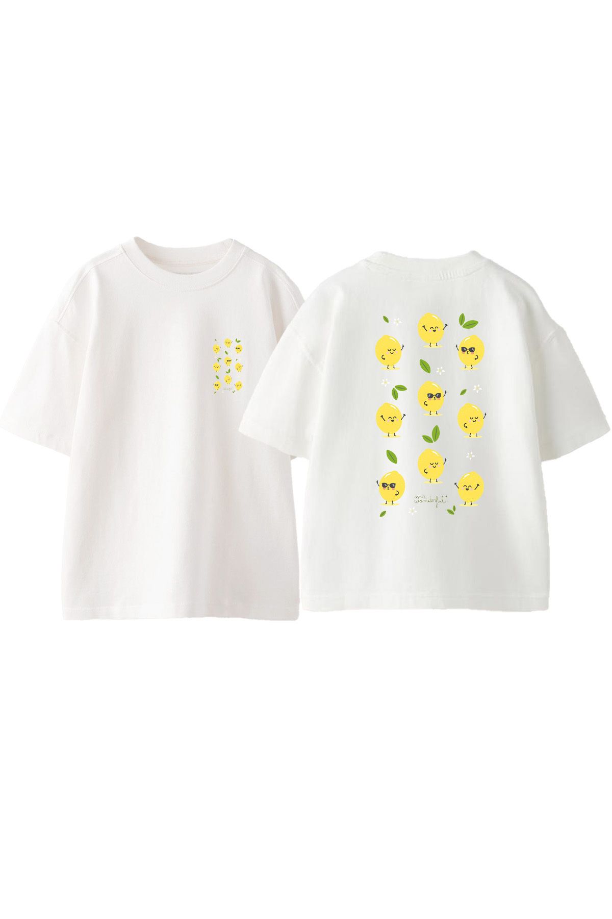 Anetos Limonlar Ön Arka Baskılı Pamuk Beyaz Oversize T shirt