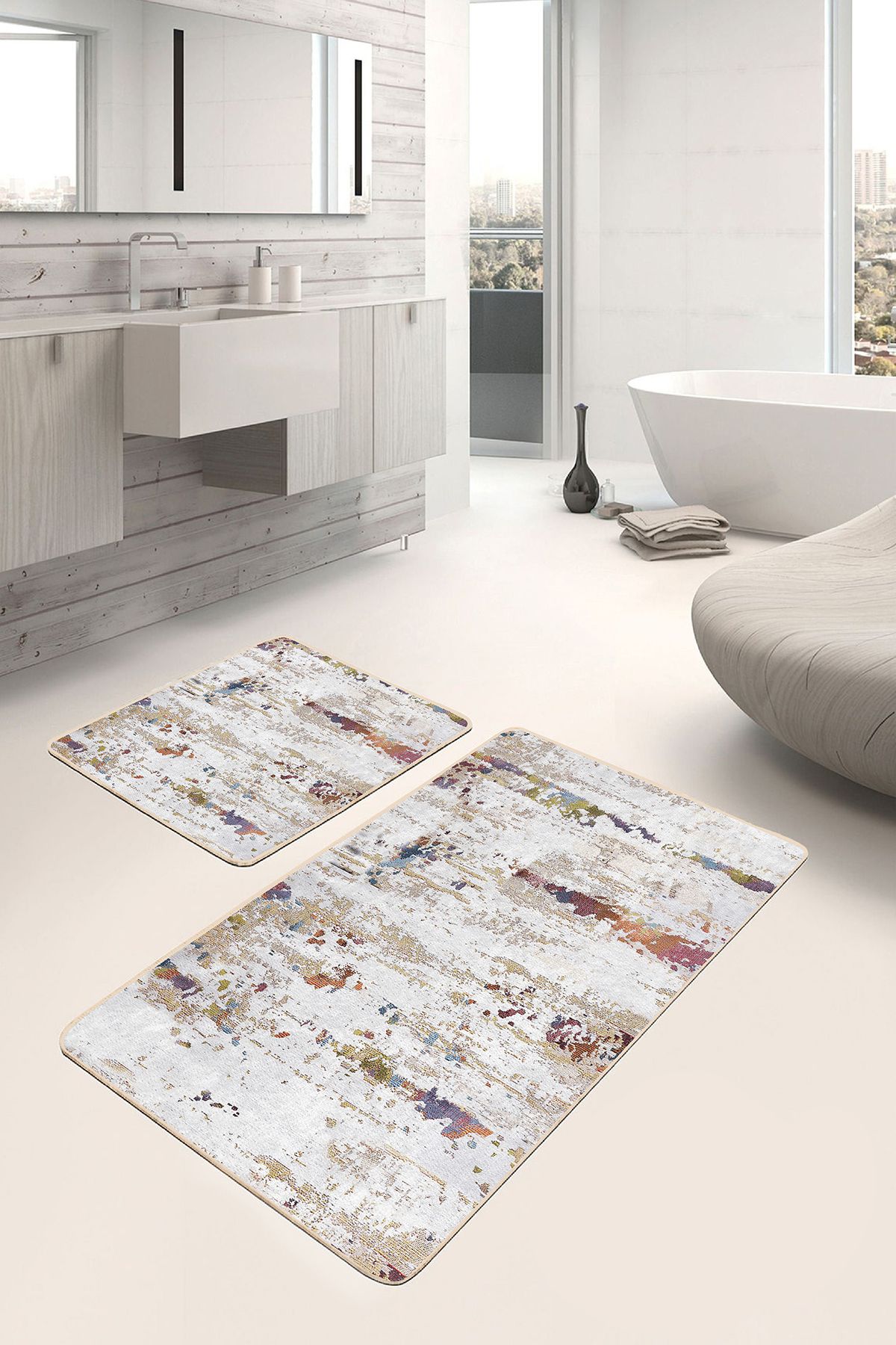 Realhomes 2'li Set Krem Zeminde Örgü Motifli Eskitme Eskitme Motifli Sade & Şık 2'li Banyo Paspas Takımı