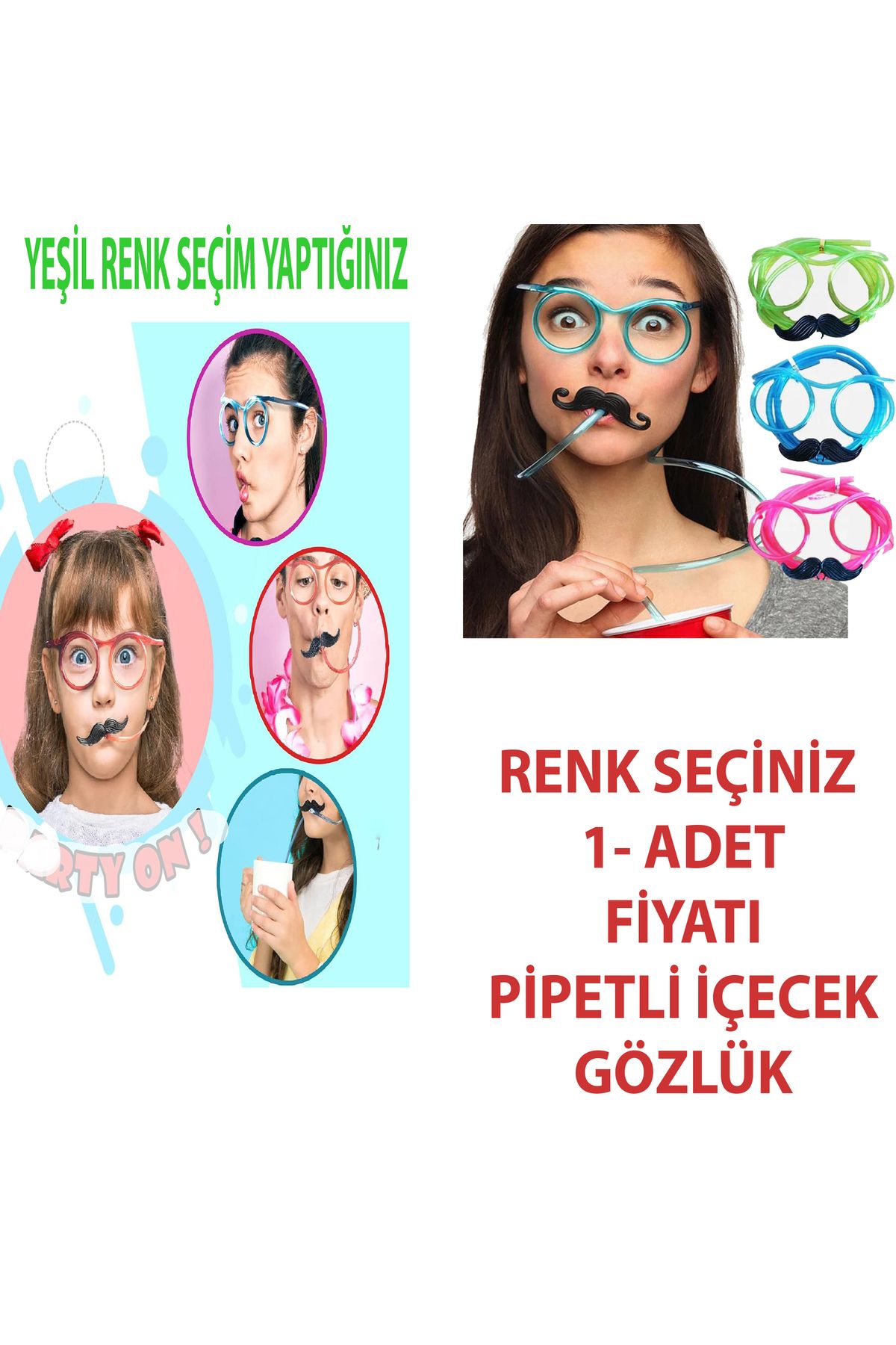 moys party & ahsap Pipetli Parti Gözlüğü - Çocuk ve Yetişkin Bıyıklı Pipet Gözlük Renk Seçiniz