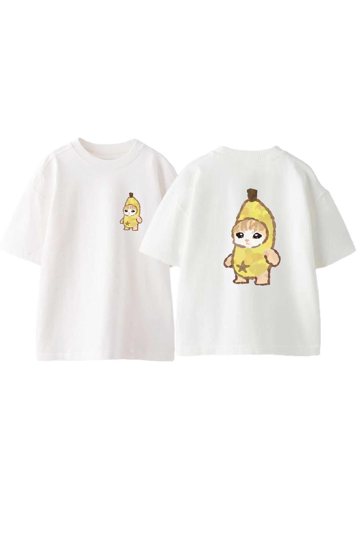 Anetos Tatlı Muz Kedi Ön Arka Baskılı Pamuk Beyaz Oversize T shirt