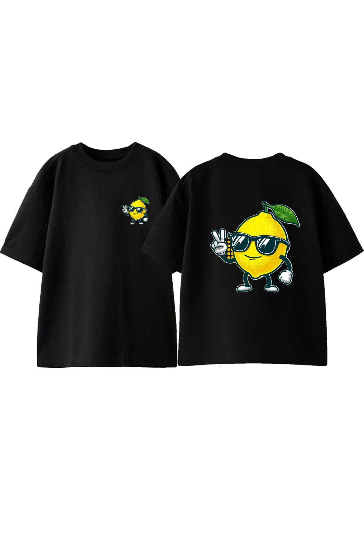 Anetos Havalı Limon Ön Arka Baskılı Pamuk Siyah Oversize T shirt