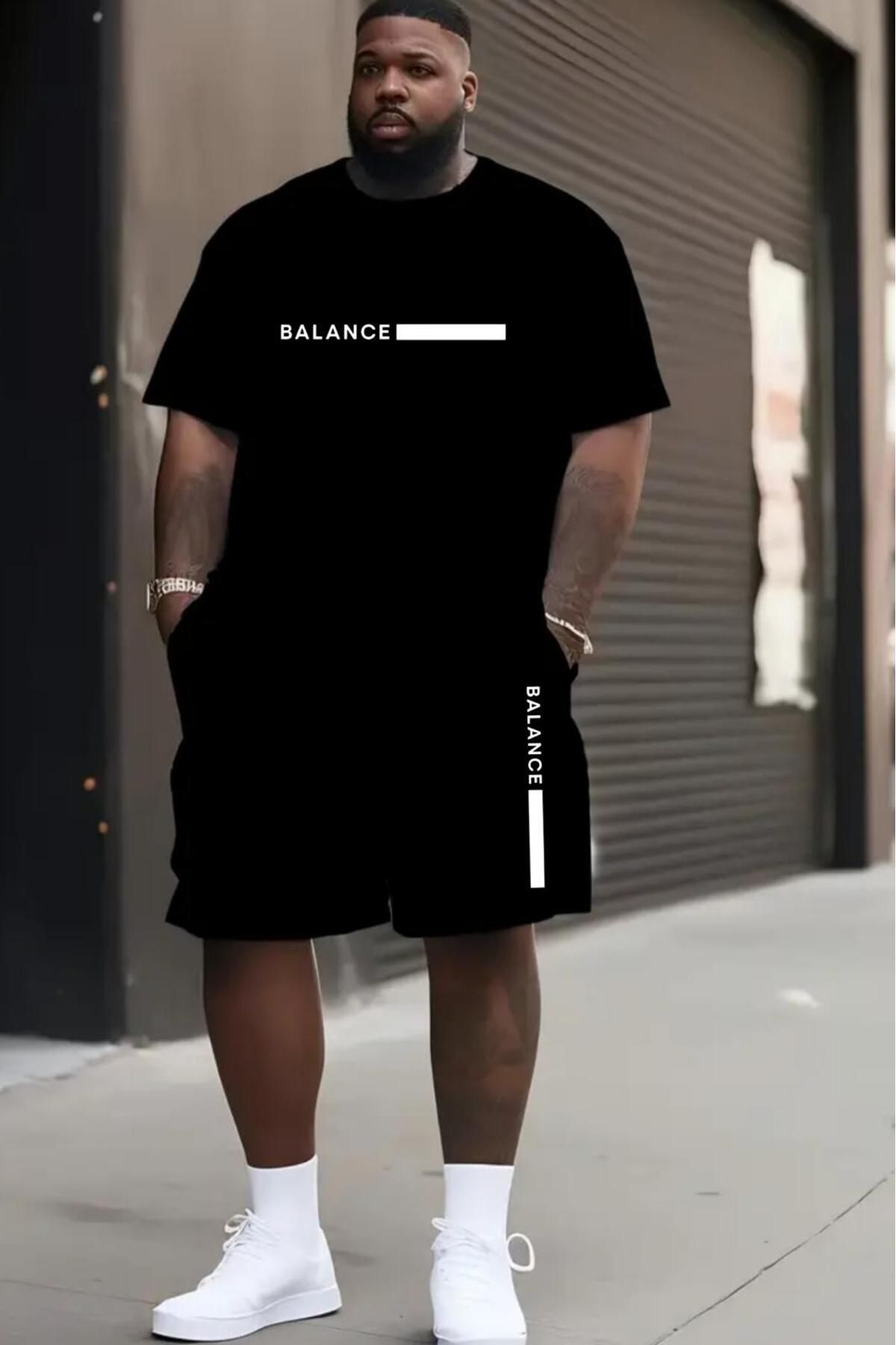 NO 601 Erkek Siyah T-shirt Siyah Şort Balance Büyük Beden Battal Beden Takımı