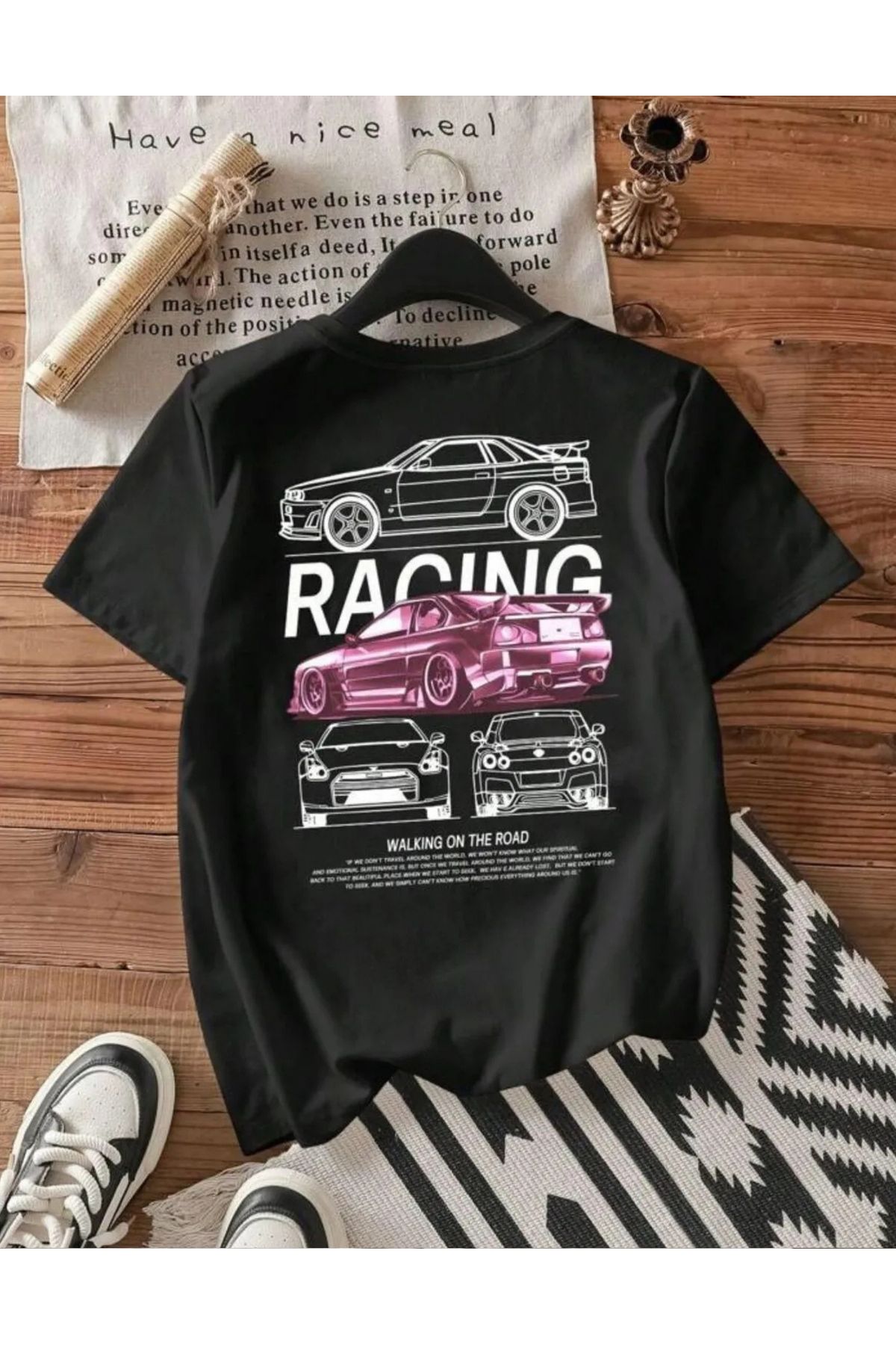 NEMESA Unısex Kadın/Erkek Baskılı Oversize Düşük Kol Bisiklet Yaka T-Shirt