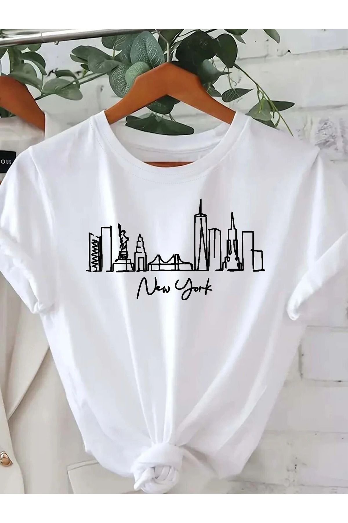 İnazuma Outdoors Unisex Oversize Baskılı Pamuklu Bisiklet Yaka Kısa Kollu BEYAZ T-shirt NEW YORK