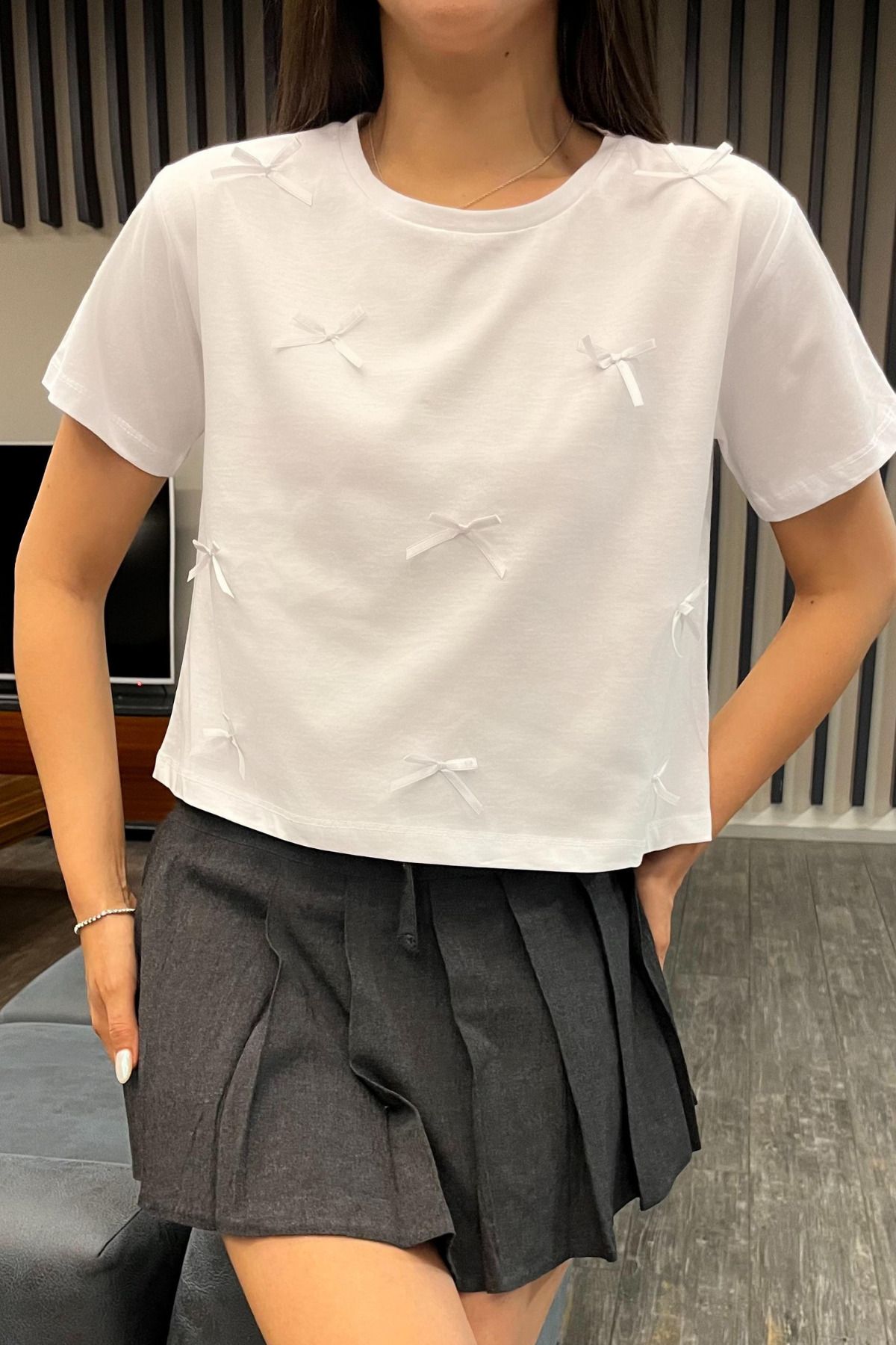 BİKELİFE Kadın Kurdele Detaylı Bisiklet Yaka T-shirt