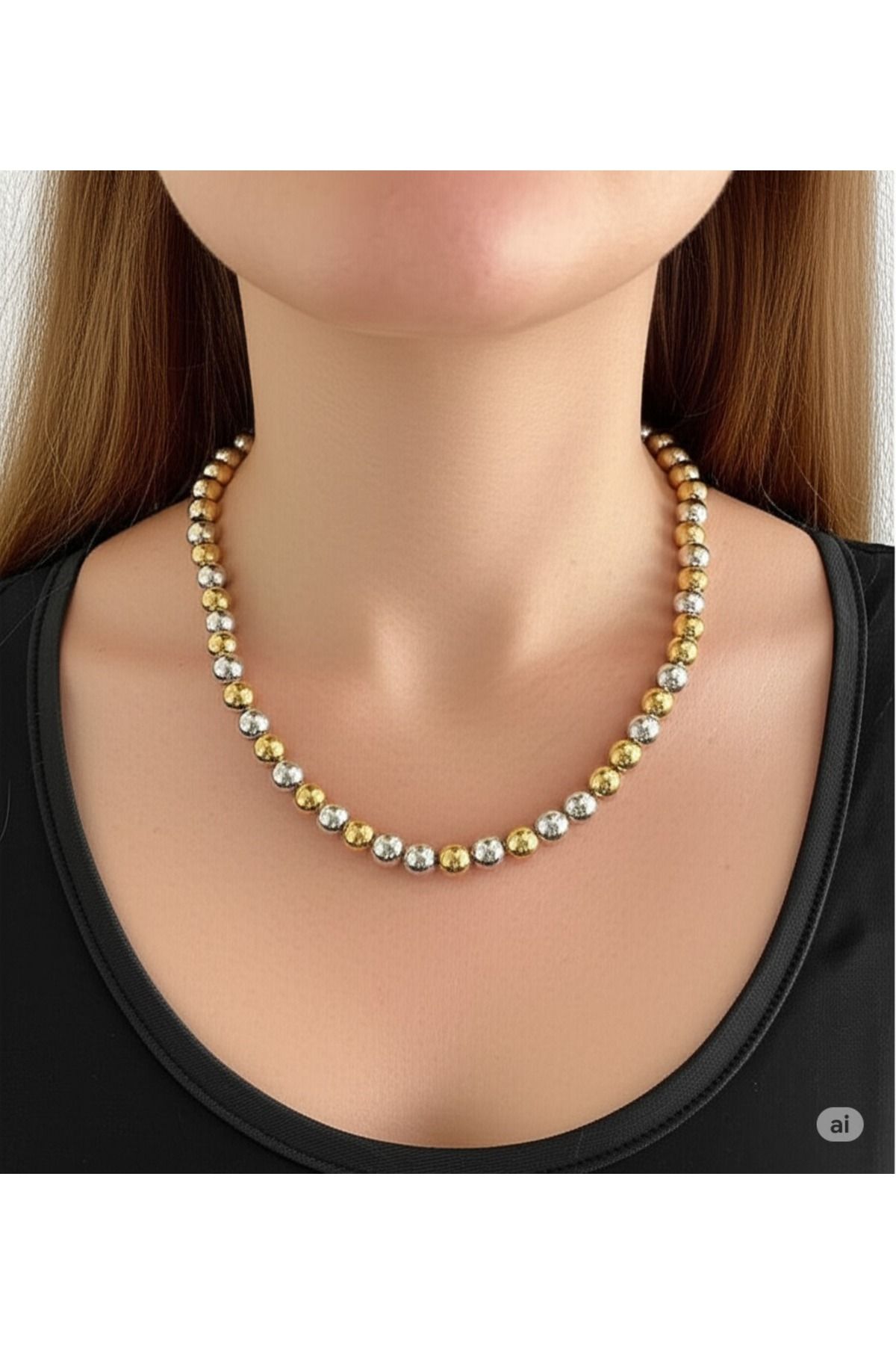 FAMEMUS ACCESSORY Paslanmaz Çelik Gold & Silver Renkli Top Boncuk Kadın Kolye – Şık ve Zarif Tasarım