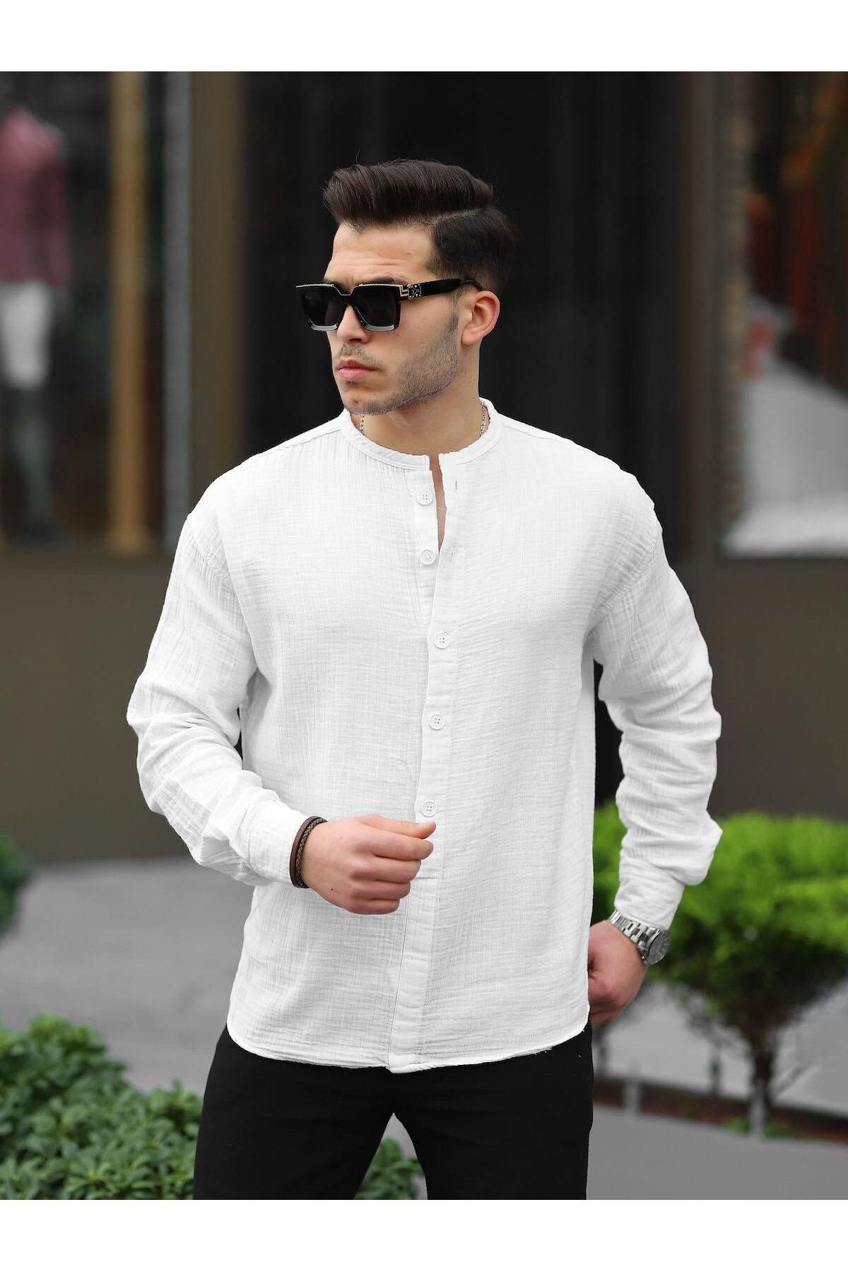 Justyol Erkek Beyaz Oversize Muslin Hakim Haka Yarım Düğmeli Gömlek - Şık ve Rahat Tasarım