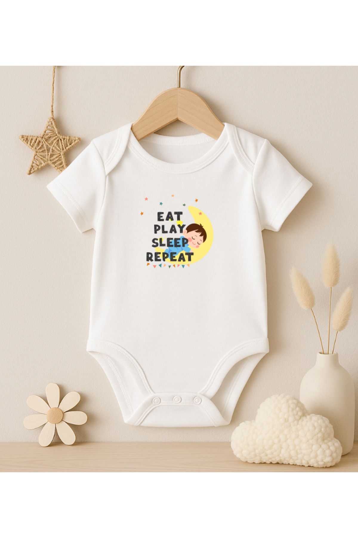 MODAT Eat Play Sleep Repeat Yazılı Ay Uyuyan Çocuk Baskılı Bebek badi zıbın