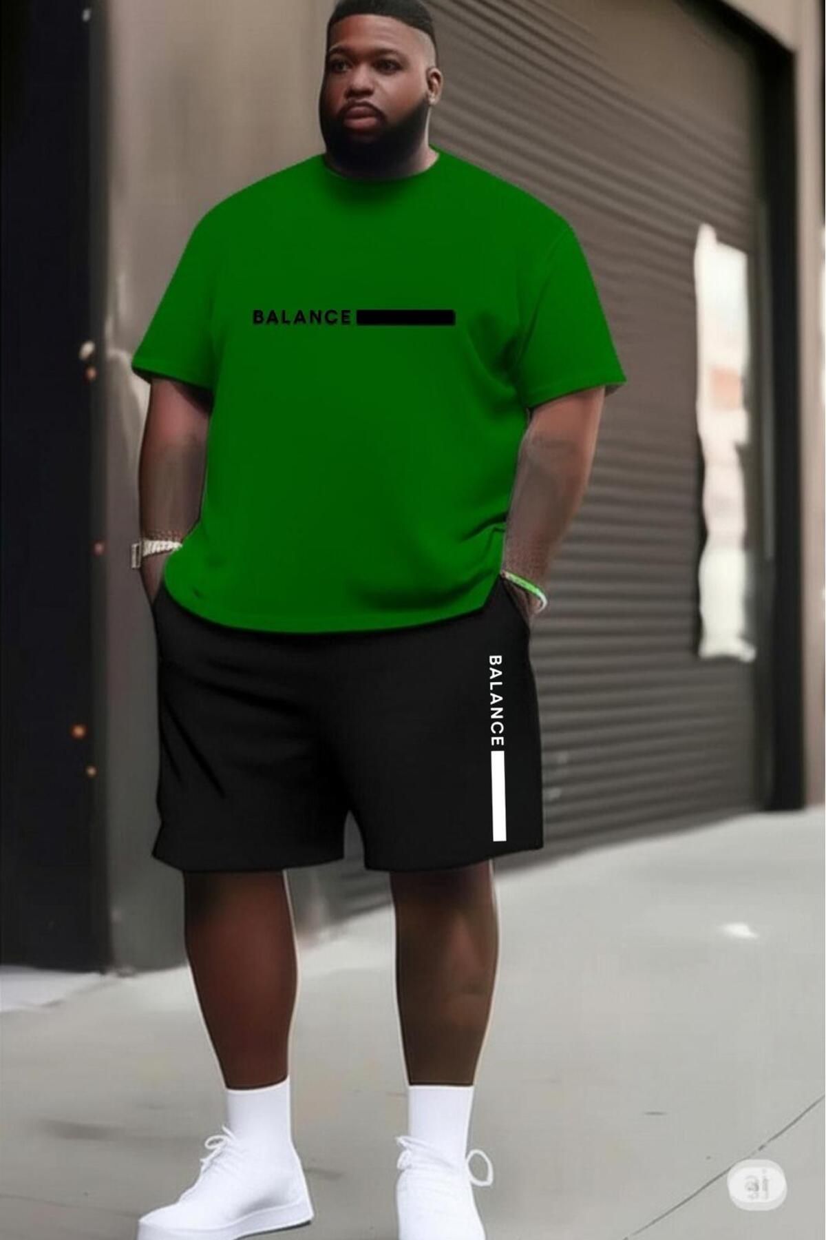 NO 601 Erkek Yeşil T-shirt Siyah Şort Balance Büyük Beden Battal Beden Takımı
