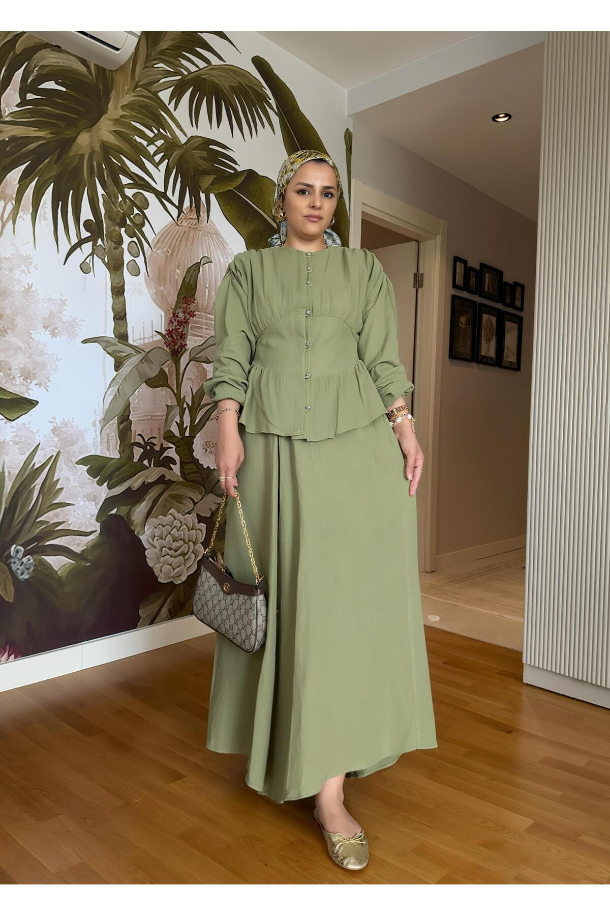 Aselim Hijap Moda 4 Katlı Müslin Etekli Takım | Kuşaklı Yazlık Pamuk Takım | 36-42 Beden Yeşil