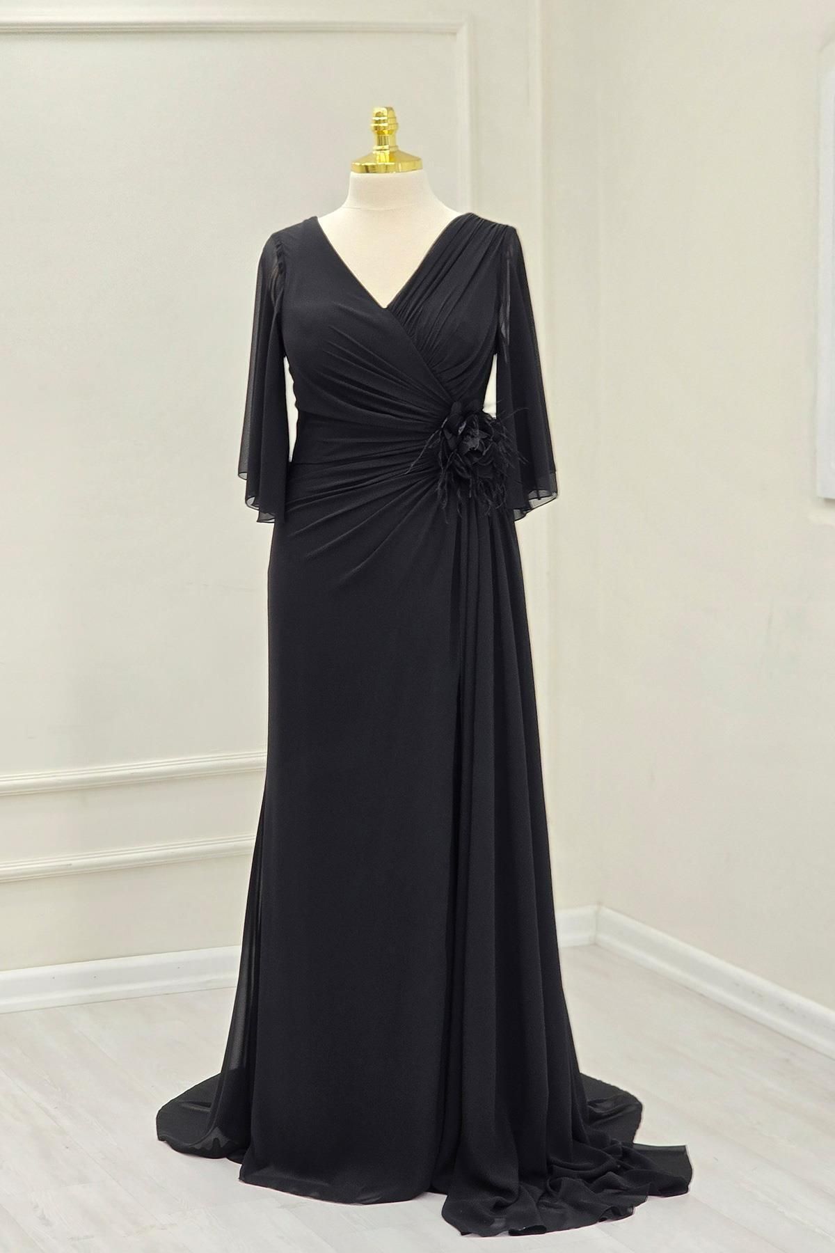Yonca Moda Evi Siyah Çiçekli Şifon Elbise 8061