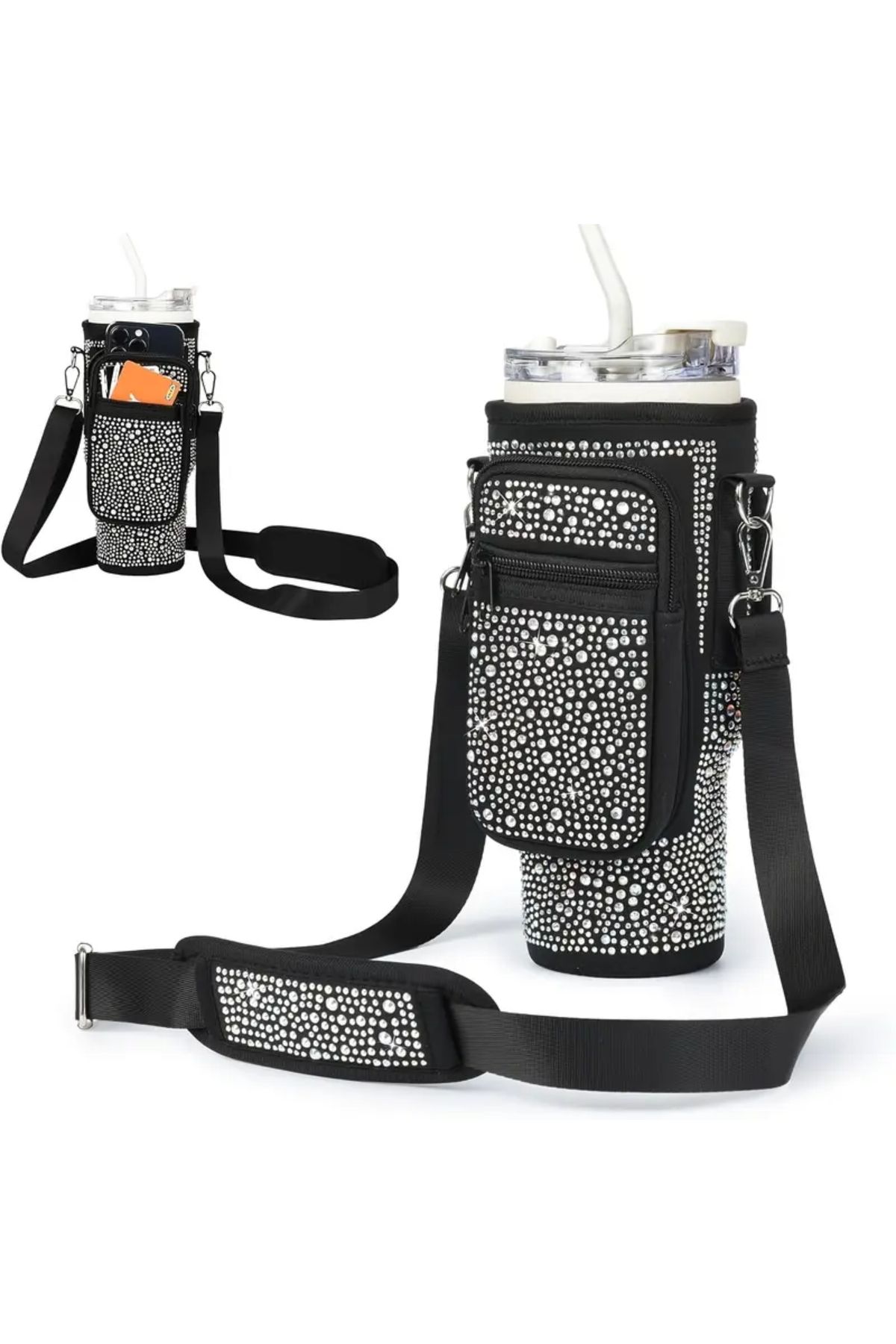 Hediyenza Quencher Pipetli 1.18 Lt Termos Askı Kristal Taşlı Termos Kılıfı Çanta Ve Omuz Askısı Telefon Tutucu