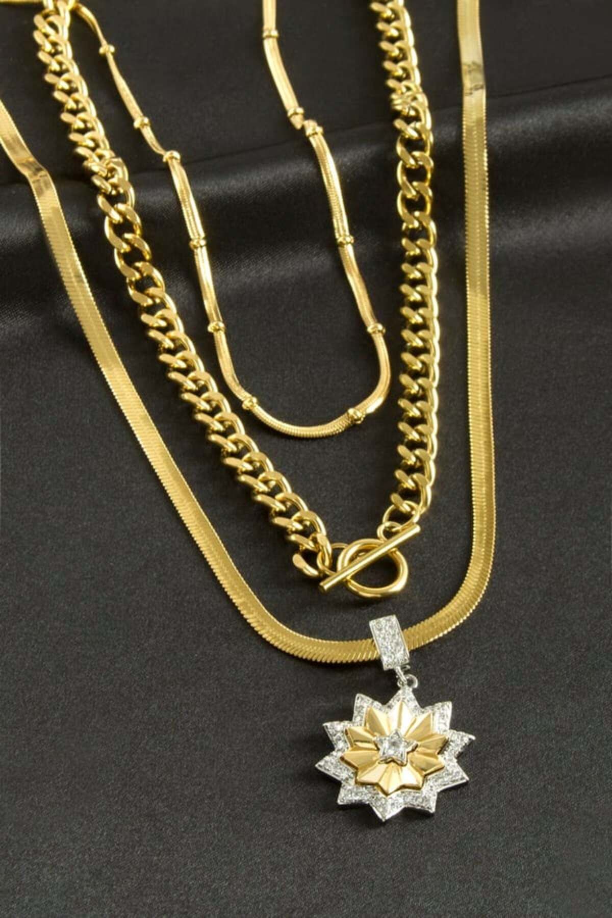 Gold Lotus İtalyan Zincirli Lüks Çelik Üçlü Kolye