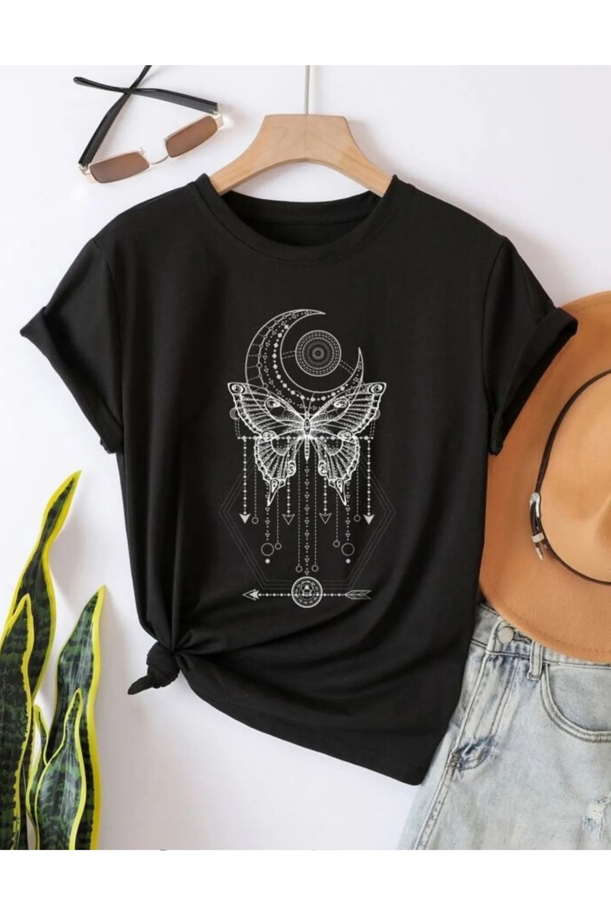 NEMESA Unısex Kadın/Erkek Baskılı Oversize Düşük Kol Bisiklet Yaka T-Shirt