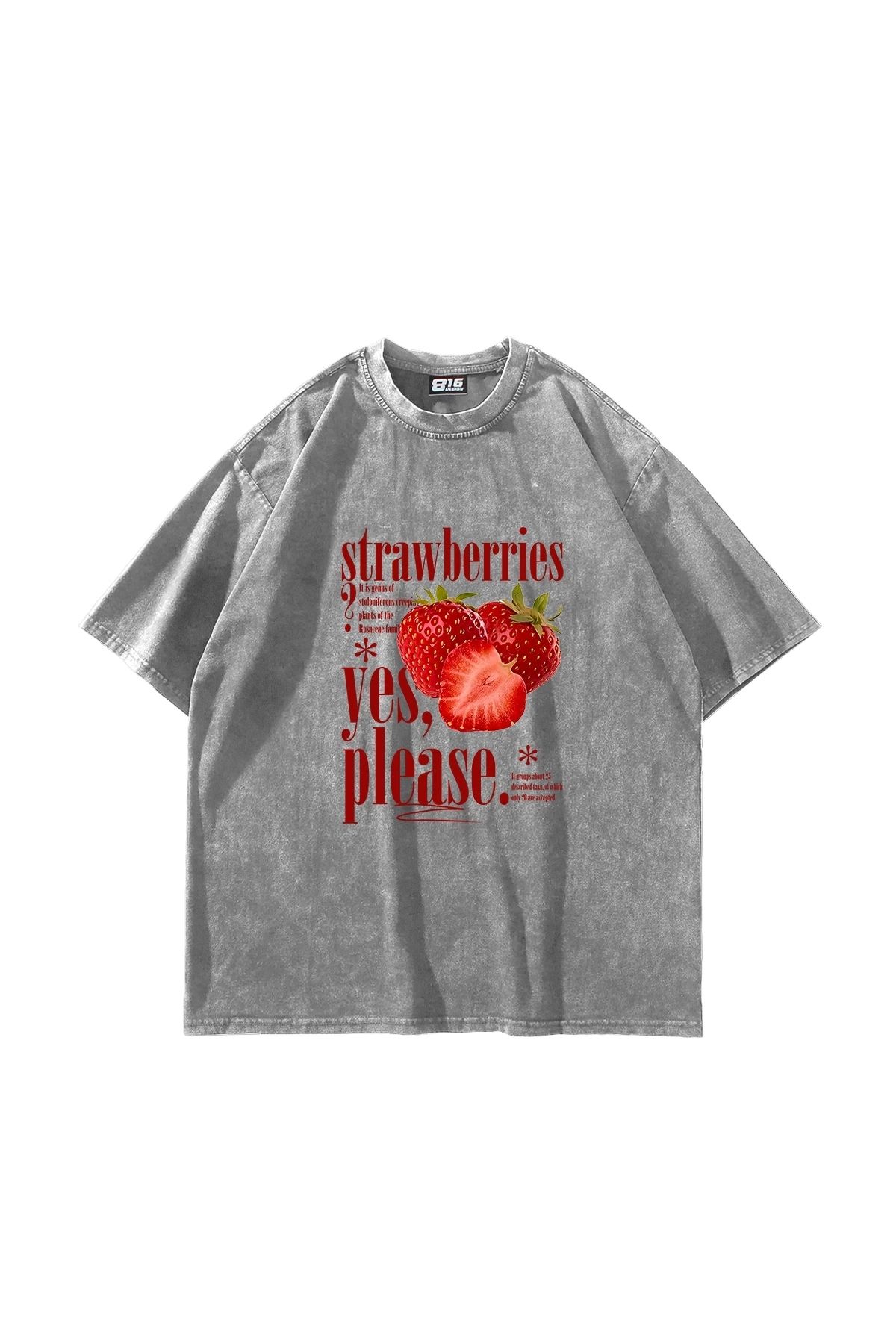 Sekizbiraltı Strawberries Baskılı Oversize Unisex Yıkamalı Beyaz Tshirt