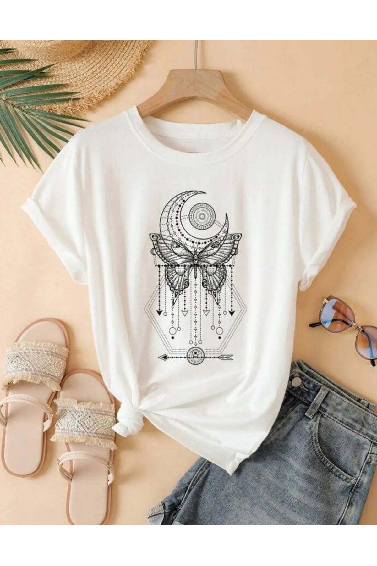 NEMESA Unısex Kadın/Erkek Baskılı Oversize Düşük Kol Bisiklet Yaka T-Shirt