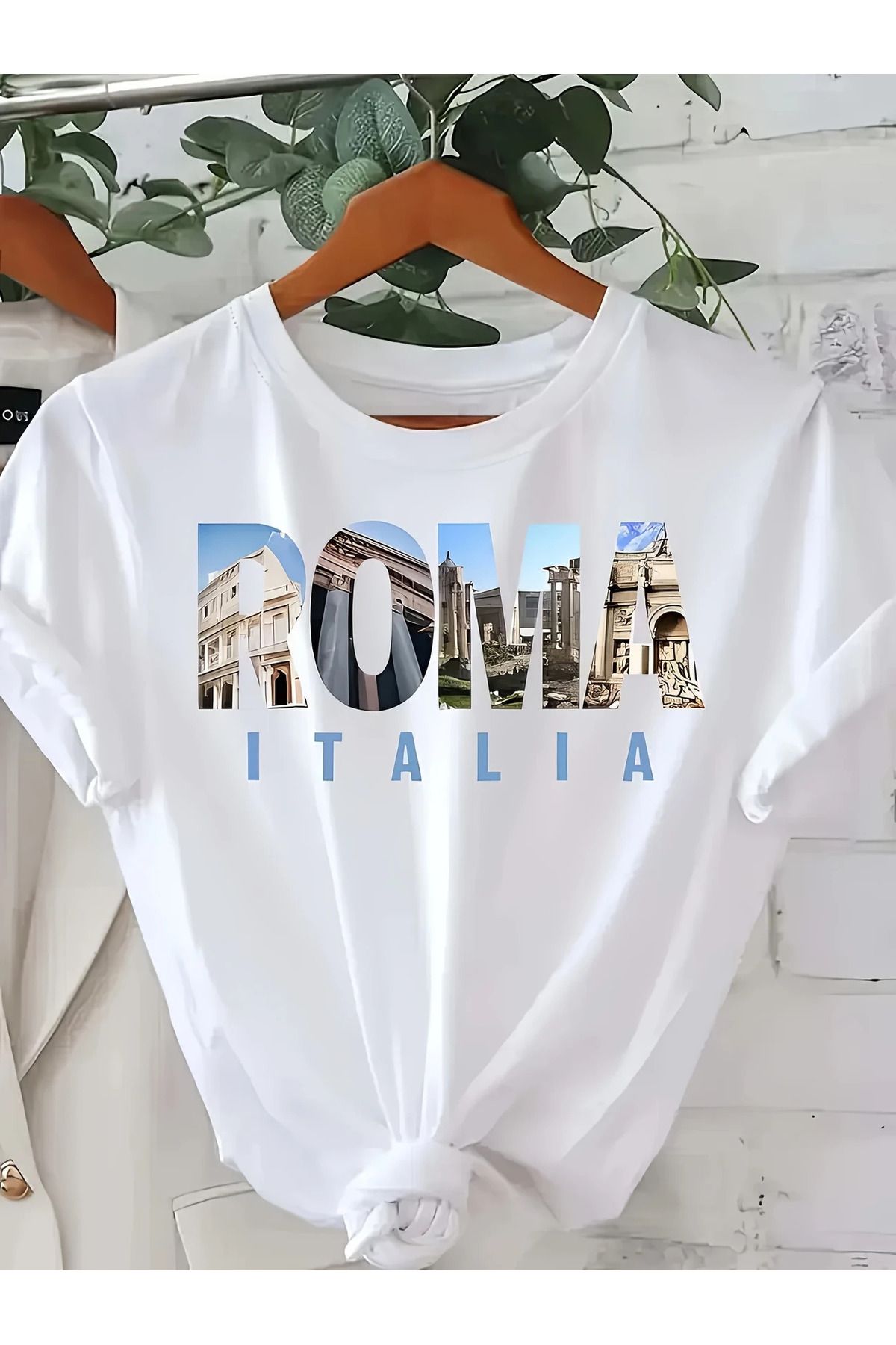 İnazuma Outdoors Unisex Oversize Baskılı Pamuklu Bisiklet Yaka Kısa Kollu BEYAZ T-shirt ROMA İTALİA