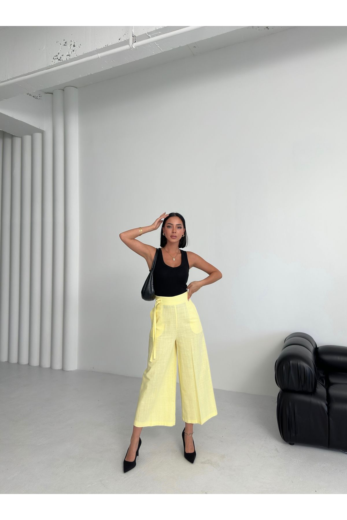OUZ Fashion Kadın Keten Toka Detaylı Bilek Boy Wide Leg Pantolon