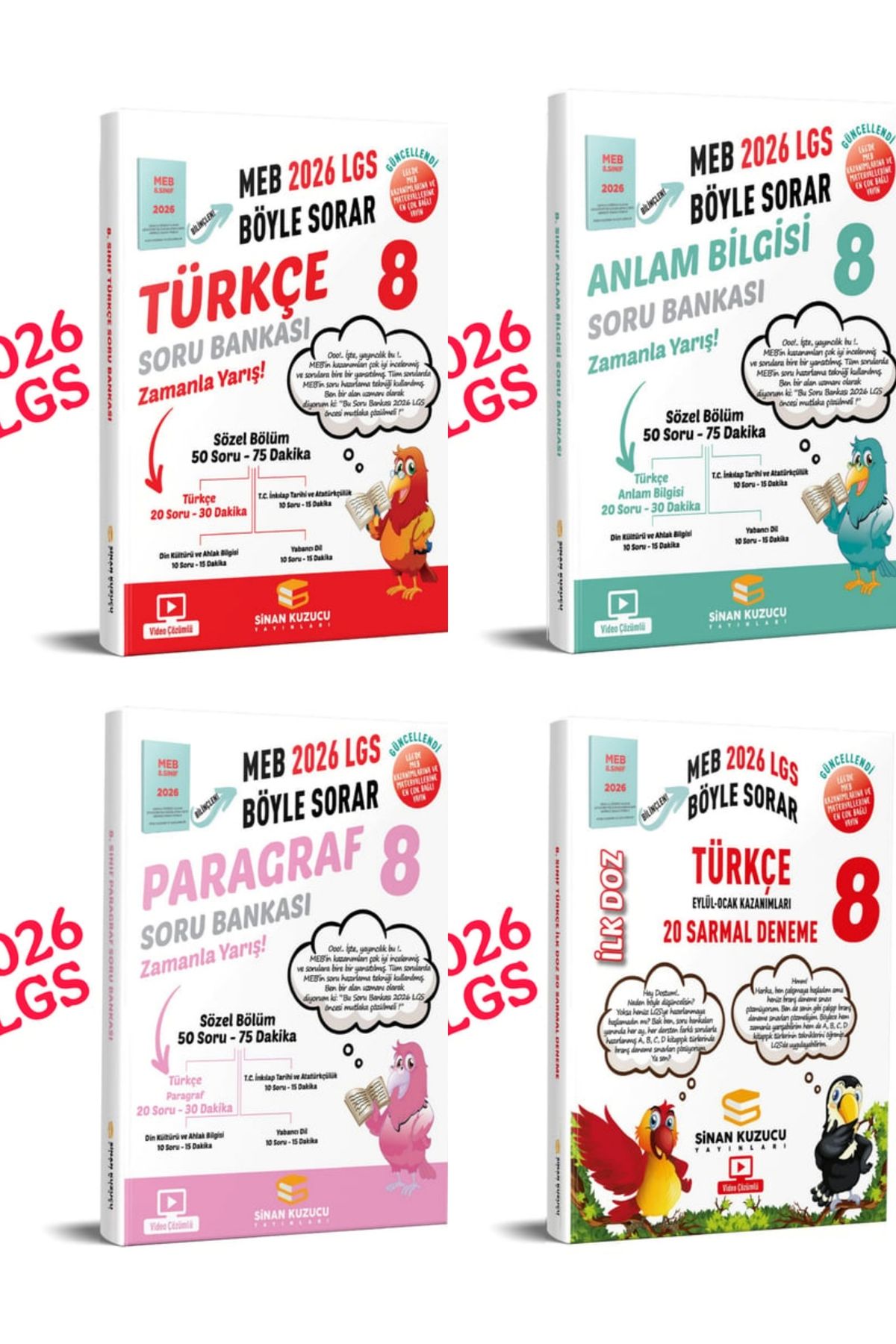 SİNAN KUZUCU YAYINLARI 2026 LGS 8.sınıf türkçe-anlam bilgisi-paragraf soru bankaları ve ilk doz deneme 4'lü seti