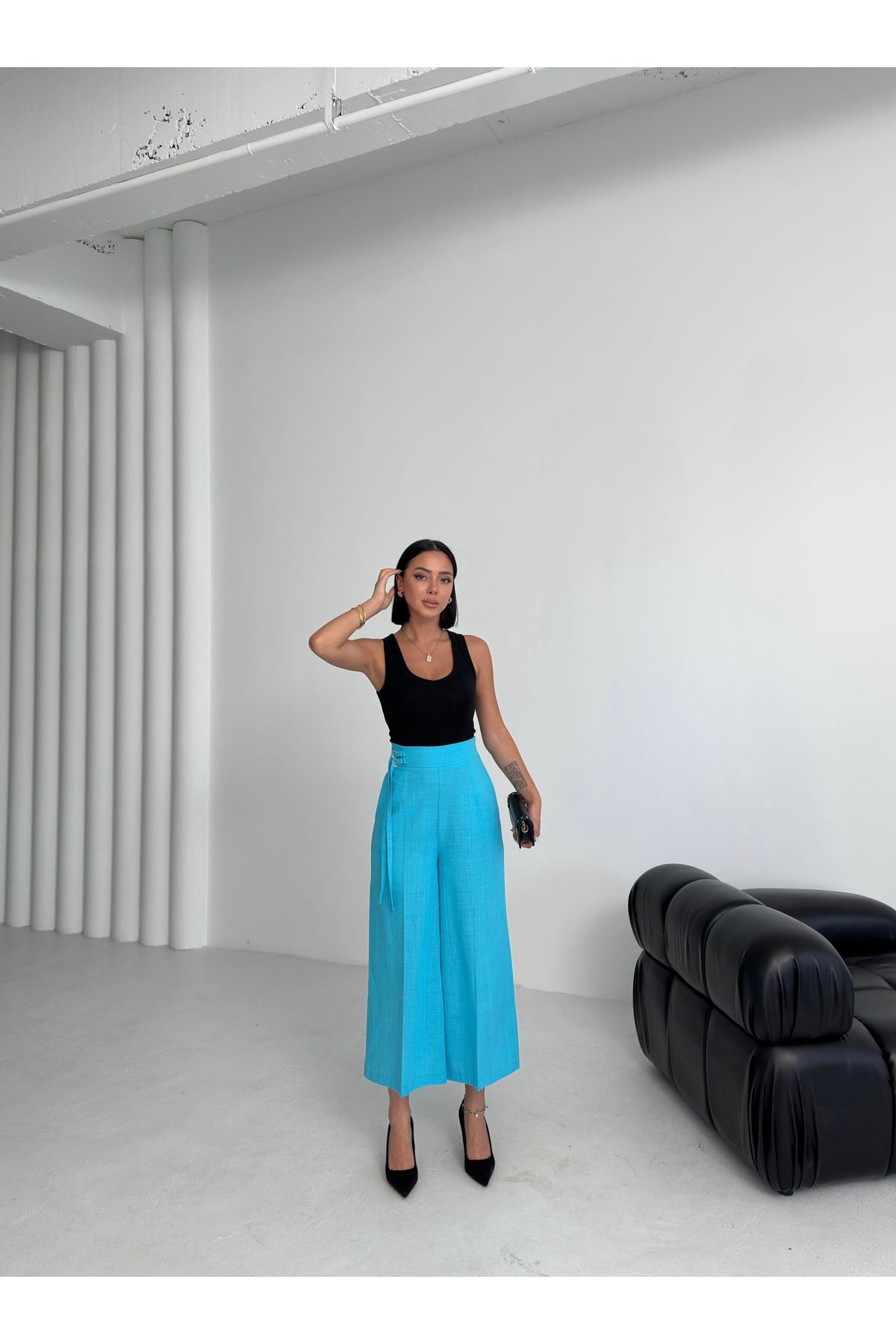 OUZ Fashion Kadın Keten Toka Detaylı Bilek Boy Wide Leg Pantolon