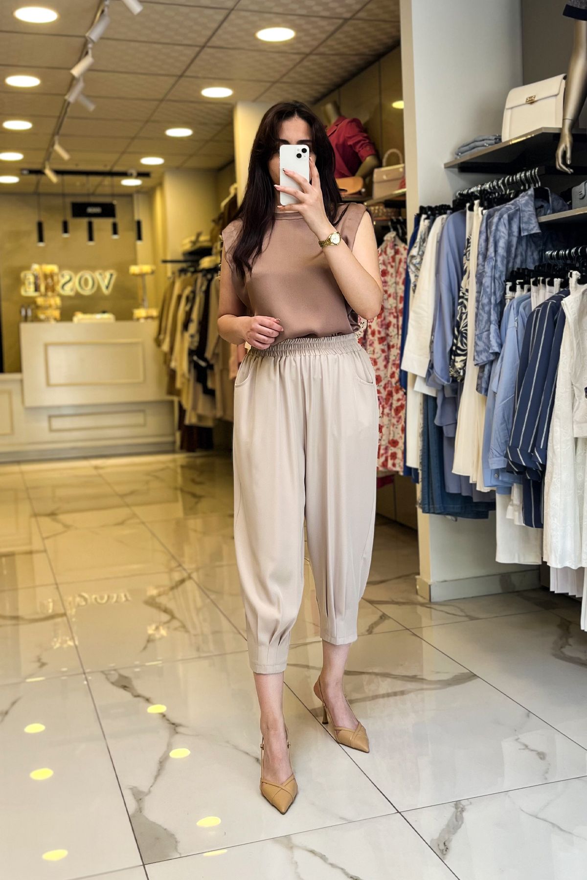 Vosse On Fashıon Bej Paçası Pileli Şalvar Pantolon