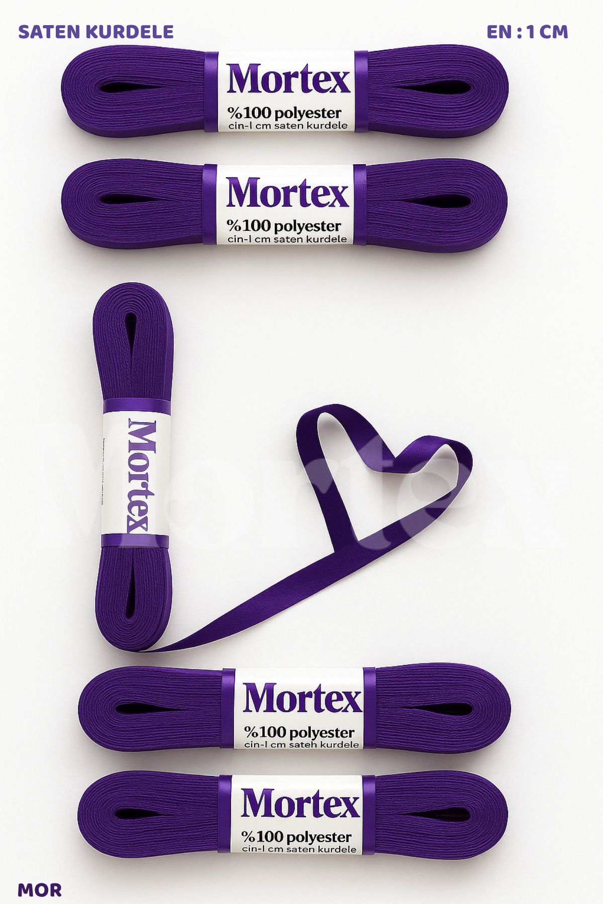 Mortex Mor Saten Kurdele 1cm 10mt - Bohça, Nikah, Nişan, Çeyiz, Hediye, Süsleme İçin Kurdele
