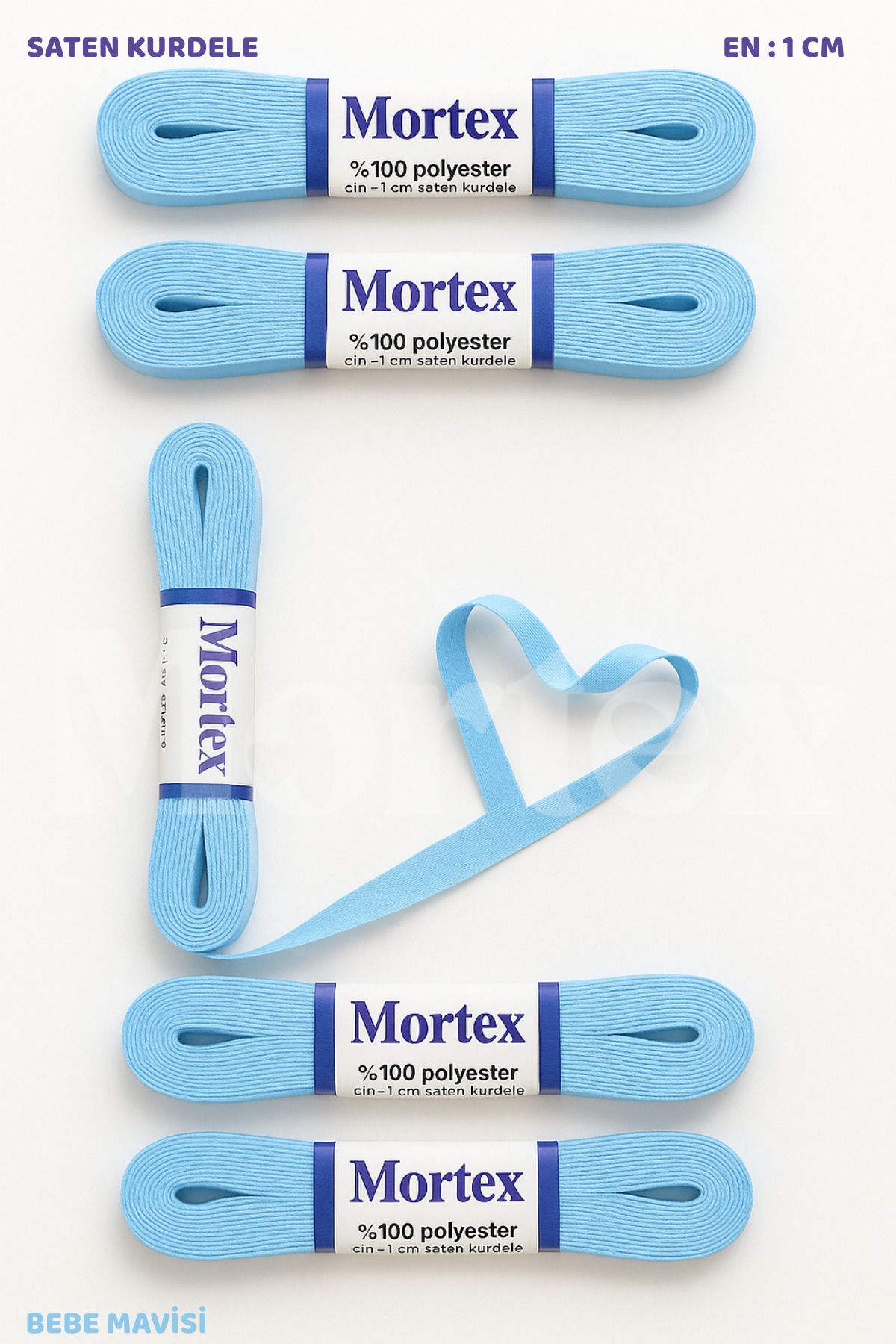 Mortex Bebe Mavi Saten Kurdele 1cm 10mt - Bohça, Nikah, Nişan, Çeyiz, Hediye, Süsleme İçin Kurdele