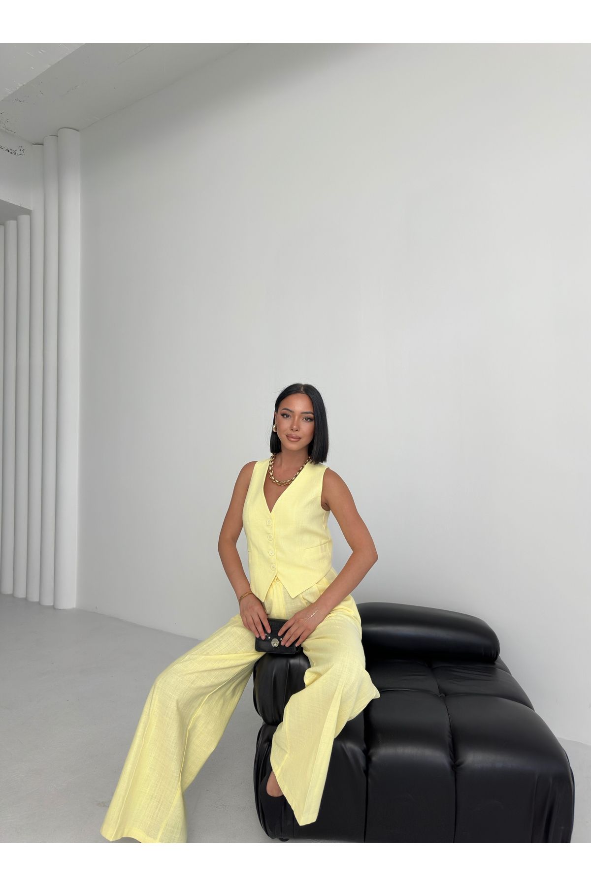 OUZ Fashion Kadın Keten Sırtı Çapraz Geçişli Cepken Pantolon İkili Takım