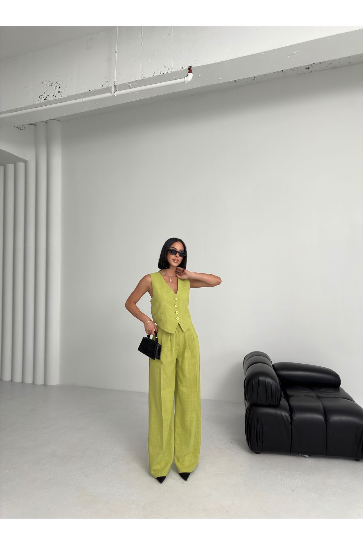 OUZ Fashion Kadın Keten Sırtı Çapraz Geçişli Cepken Pantolon İkili Takım