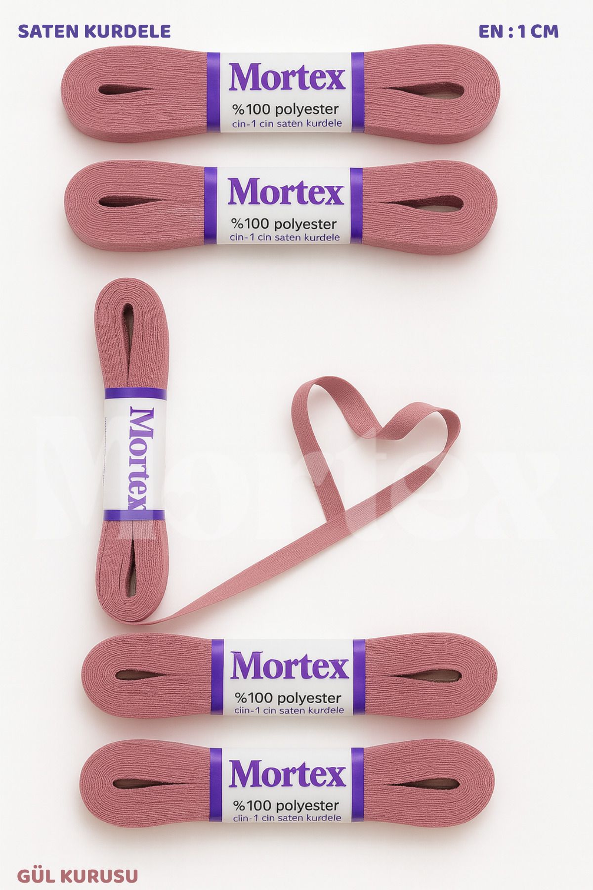Mortex Gül Kurusu Saten Kurdele 1cm 10mt - Bohça, Nikah, Nişan, Çeyiz, Hediye, Süsleme İçin Kurdele