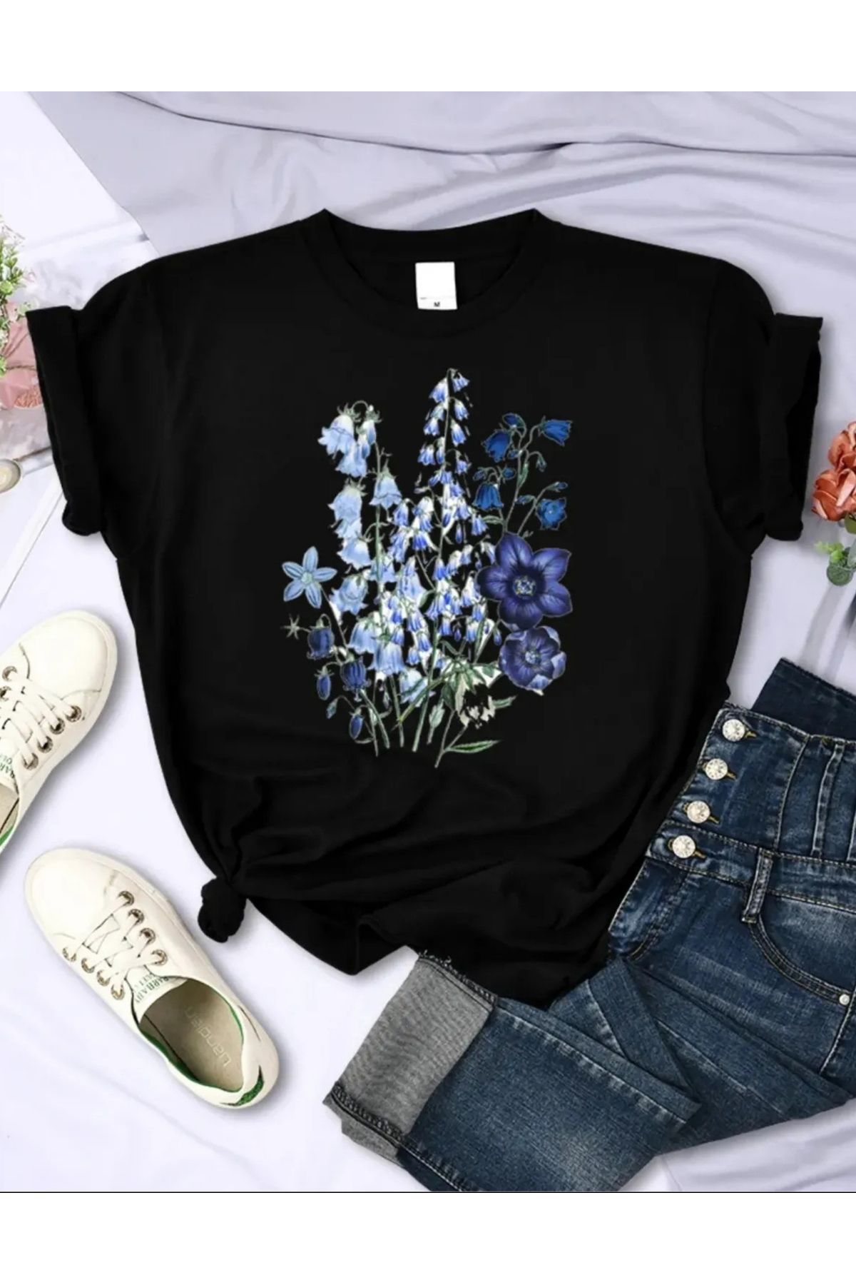 NEMESA Unısex Kadın/Erkek Baskılı Oversize Düşük Kol Bisiklet Yaka T-Shirt