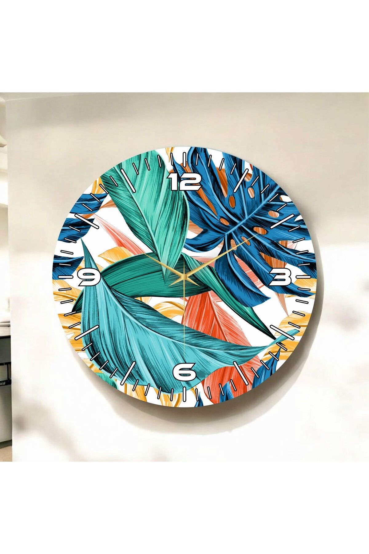 AA Shop Renkli Baskı Yaprak Çiçek Desenli Sayılı Hediyelik Ahşap Sessiz Duvar Saati 50cm