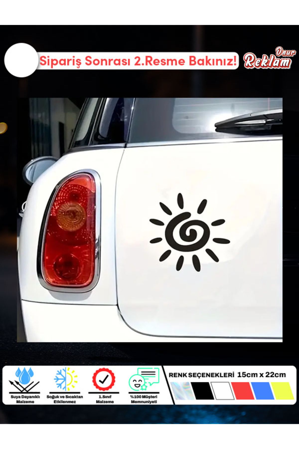Onur Reklam piral Güneş Tasarımlı Araç Stickerı – Suya Dayanıklı Dekoratif Çıkartma (15x22 cm)