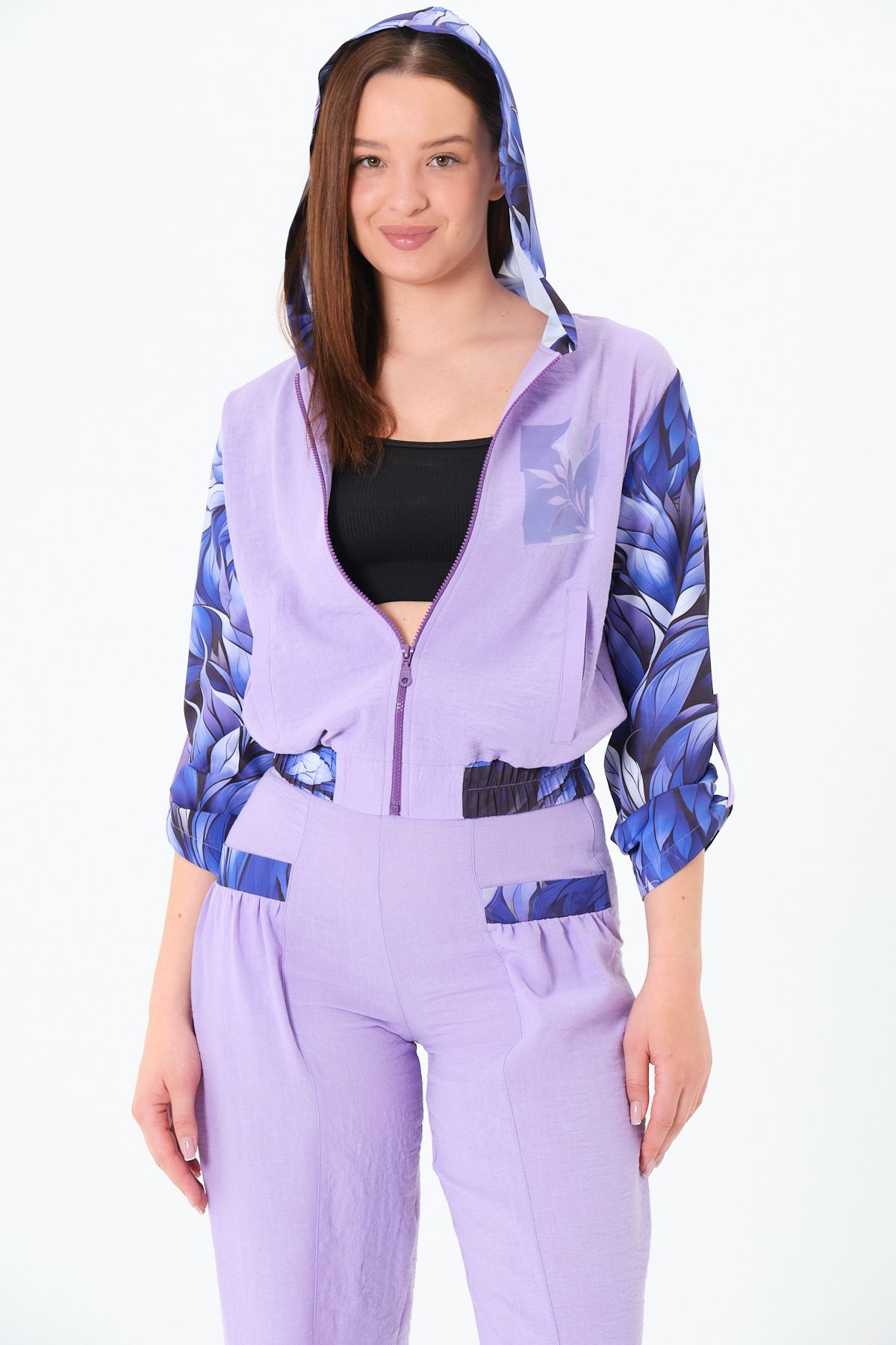 Sortie Collection Kadın Beli Lastikli, Fermuarlı Gömlek, Lastikli Paça, Baskılı Gömlek-Pantolon Lila Alt Üst Takım