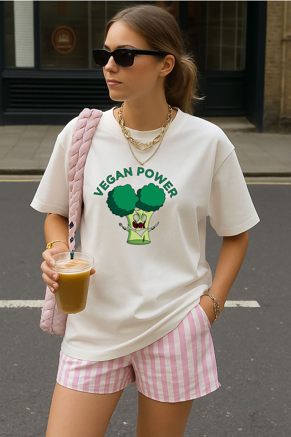 sielta Vegan Brokoli Baskılı Bisiklet Yaka Oversize Beyaz Tişört T-shirt