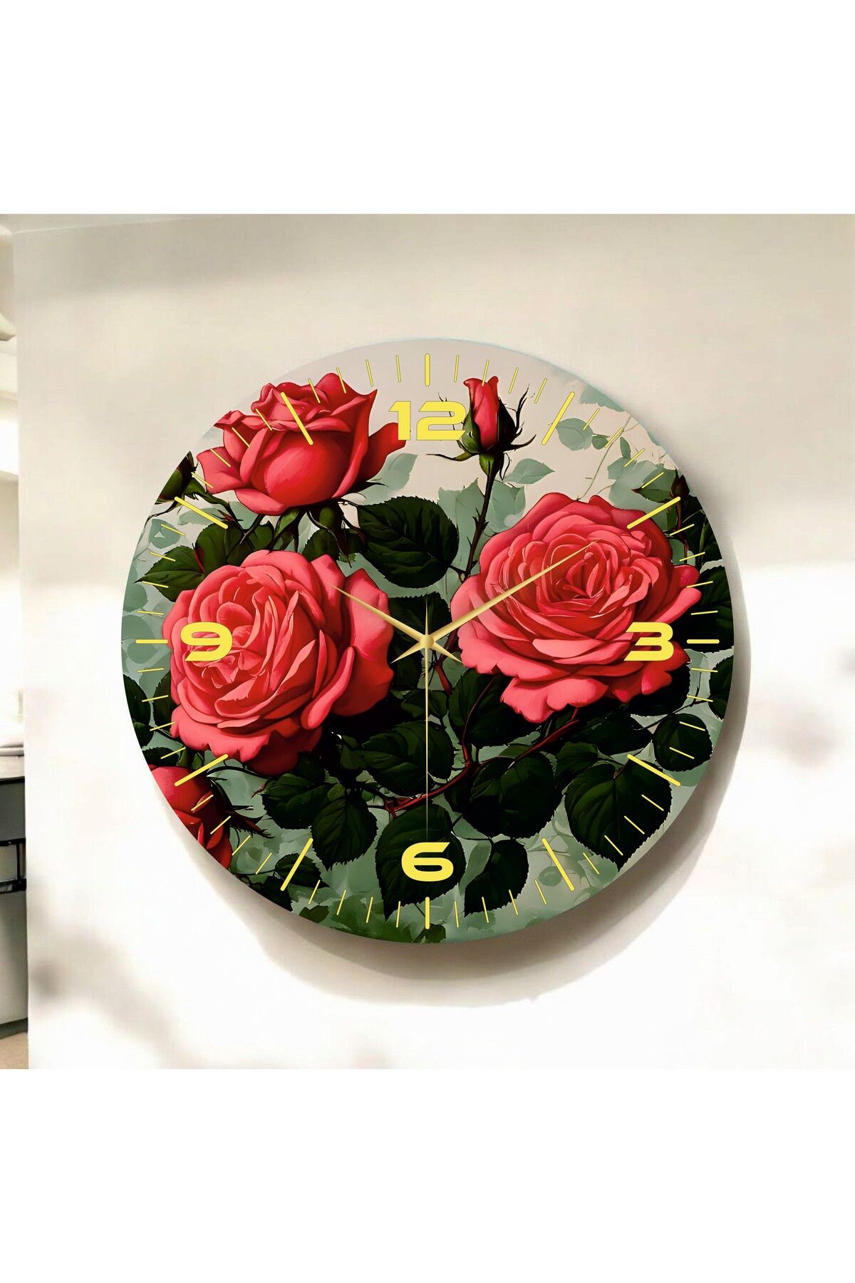 AA Shop Renkli Baskı Gül Çiçek Desenli Sayılı Hediyelik Ahşap Sessiz Duvar Saati 50cm