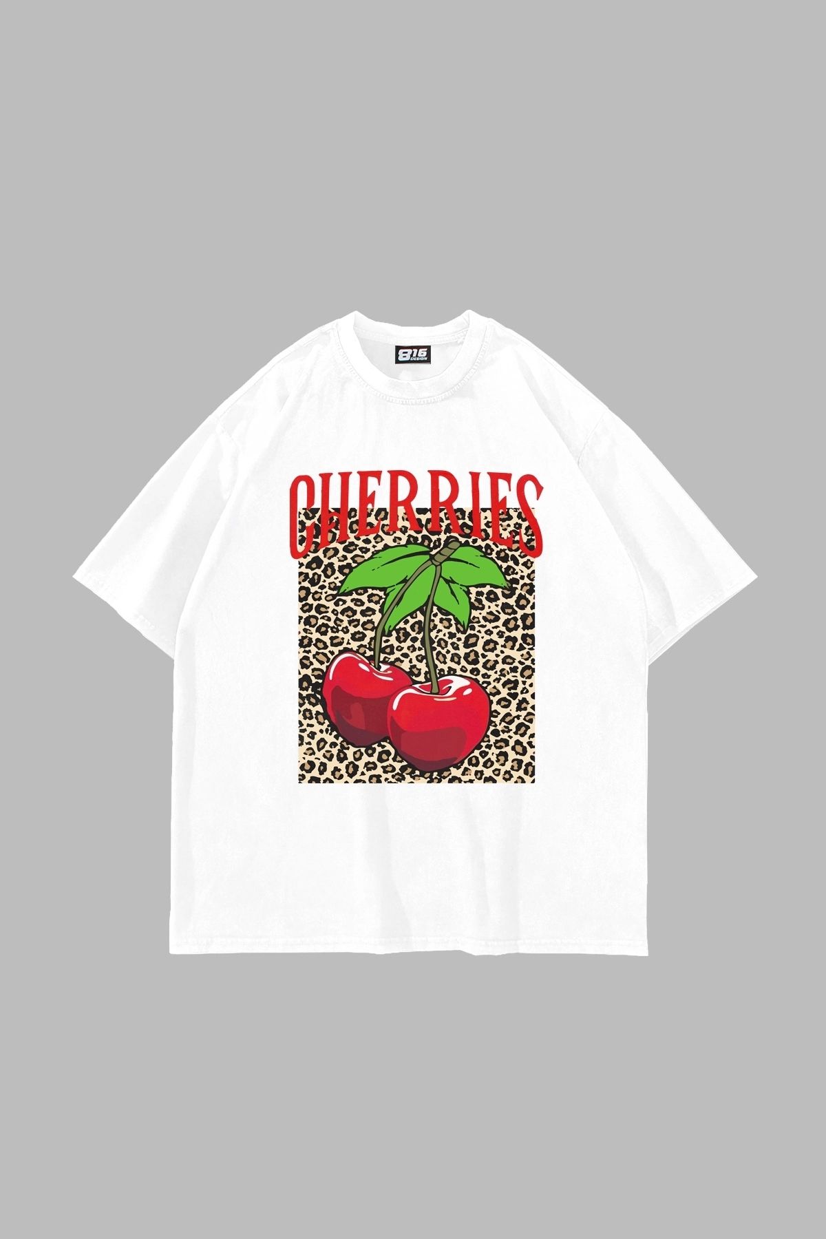 Sekizbiraltı Cherries Leopard Baskılı Oversize Unisex Beyaz Tshirt