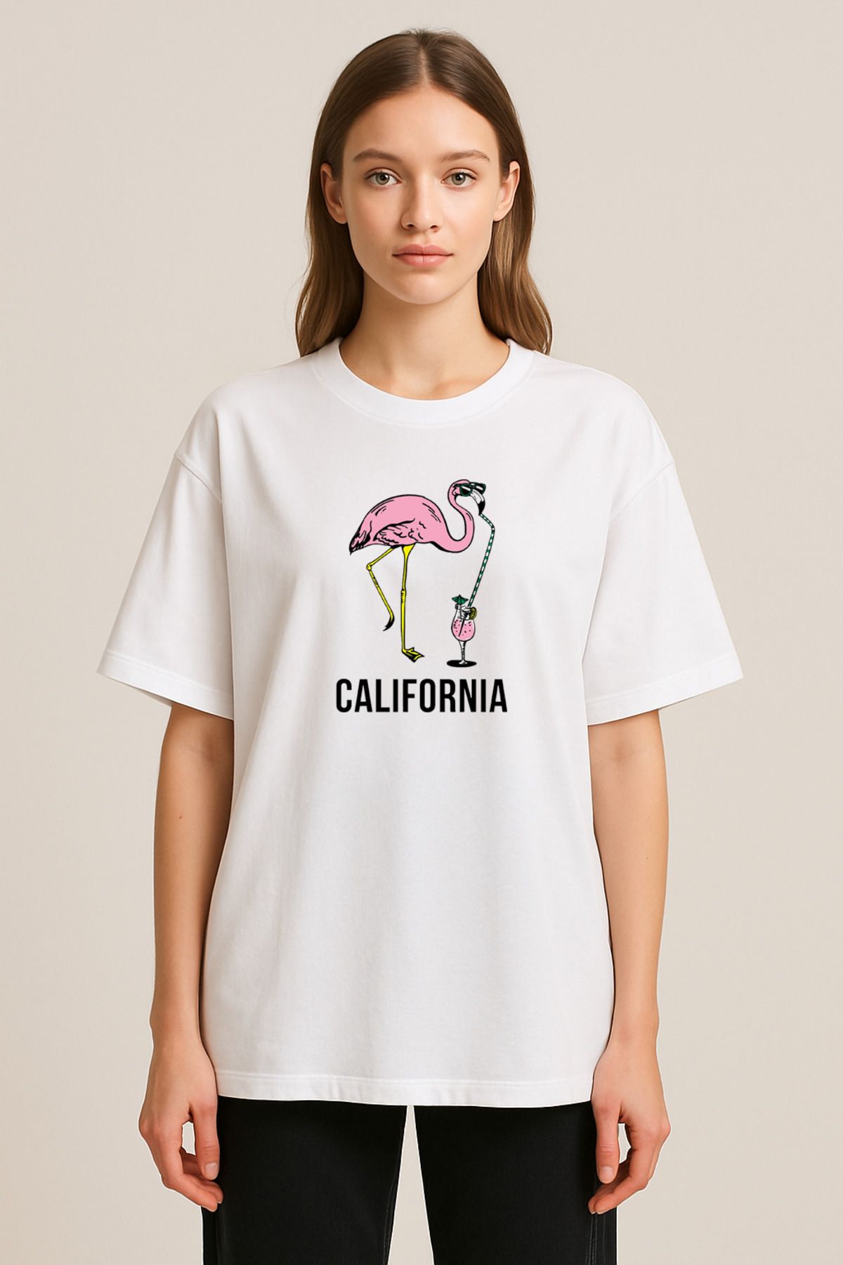 sielta Kaliforniya California Baskılı Bisiklet Yaka Oversize Beyaz Tişört T-shirt