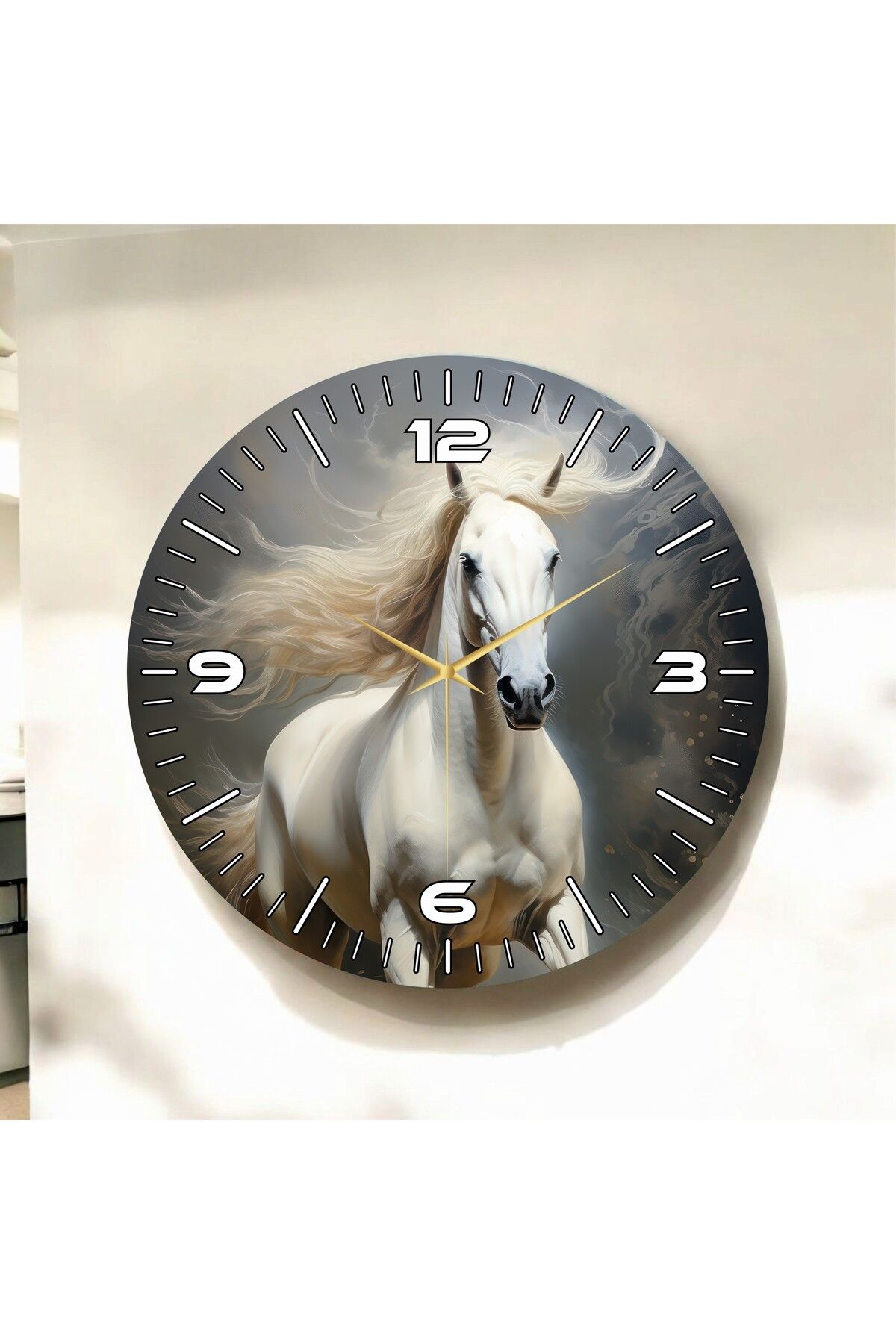 AA Shop Renkli Baskı At Desenli Sayılı Hediyelik Ahşap Sessiz Duvar Saati 50cm