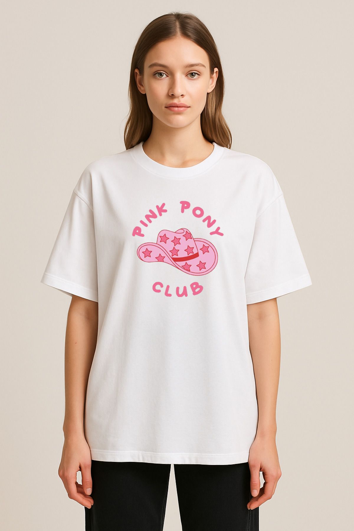 sielta Pembe Kovboy Şapkası Baskılı Bisiklet Yaka Oversize Beyaz Tişört T-shirt