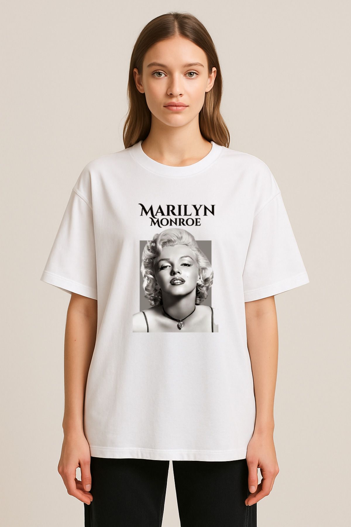 sielta Marilyn Monroe Baskılı Bisiklet Yaka Oversize Beyaz Tişört T-shirt