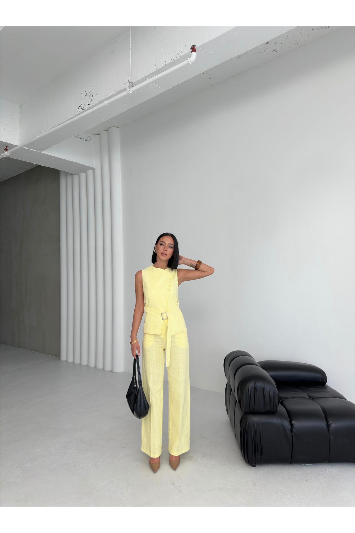 OUZ Fashion Kadın Keten Asimetrik Yelek Pantolon İkili Takım