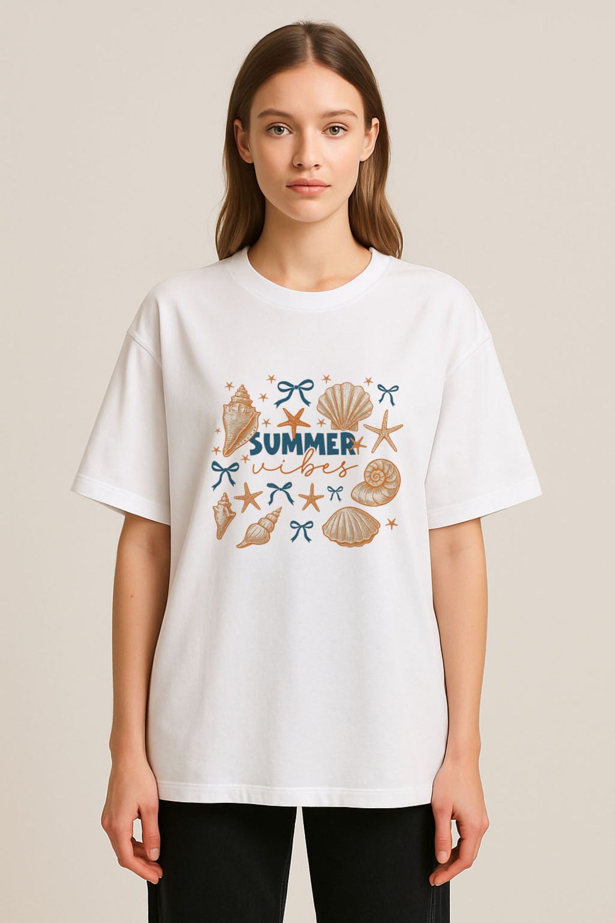 sielta Deniz Kabuğu Baskılı Bisiklet Yaka Oversize Beyaz Tişört T-shirt