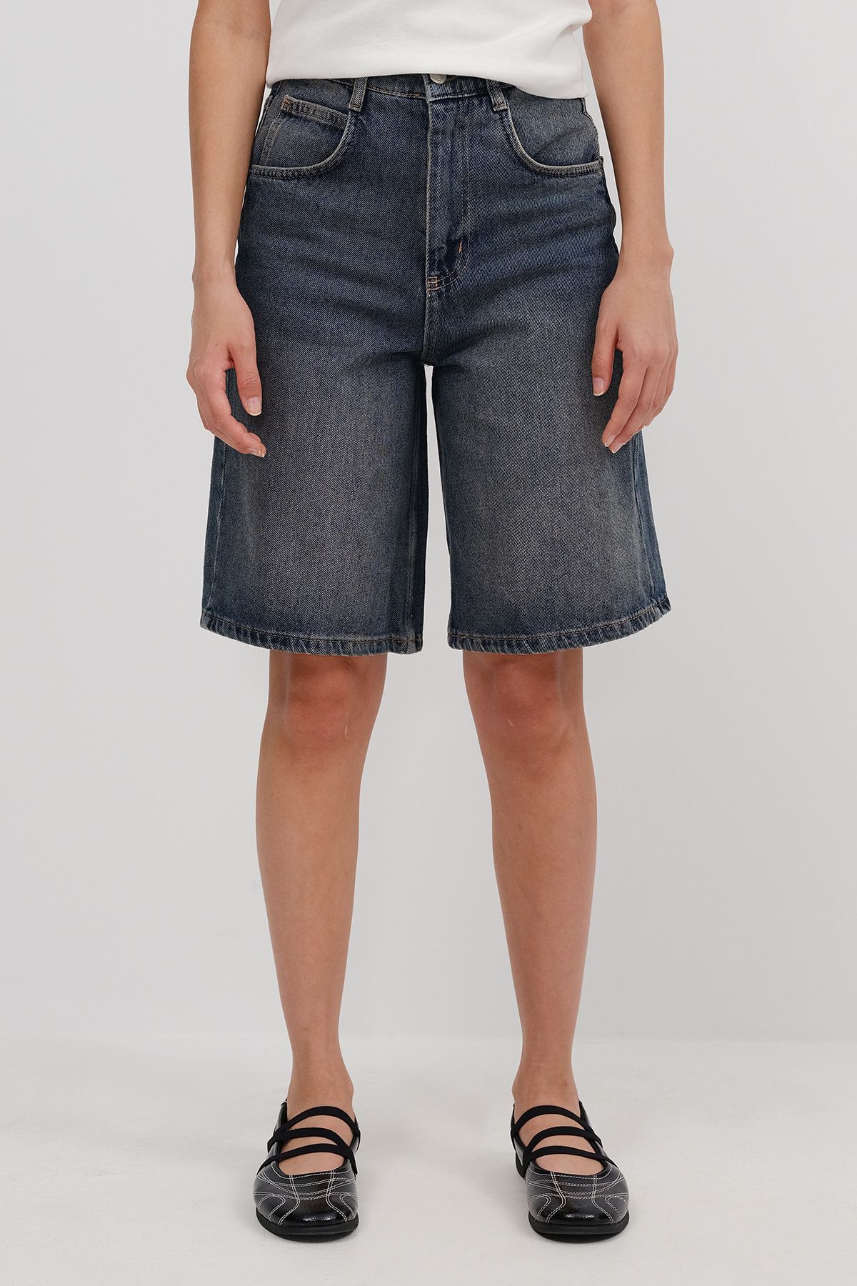 Addax-Pantaloni scurți din denim Bermuda cu detaliu curea Ş476-PNİ 5